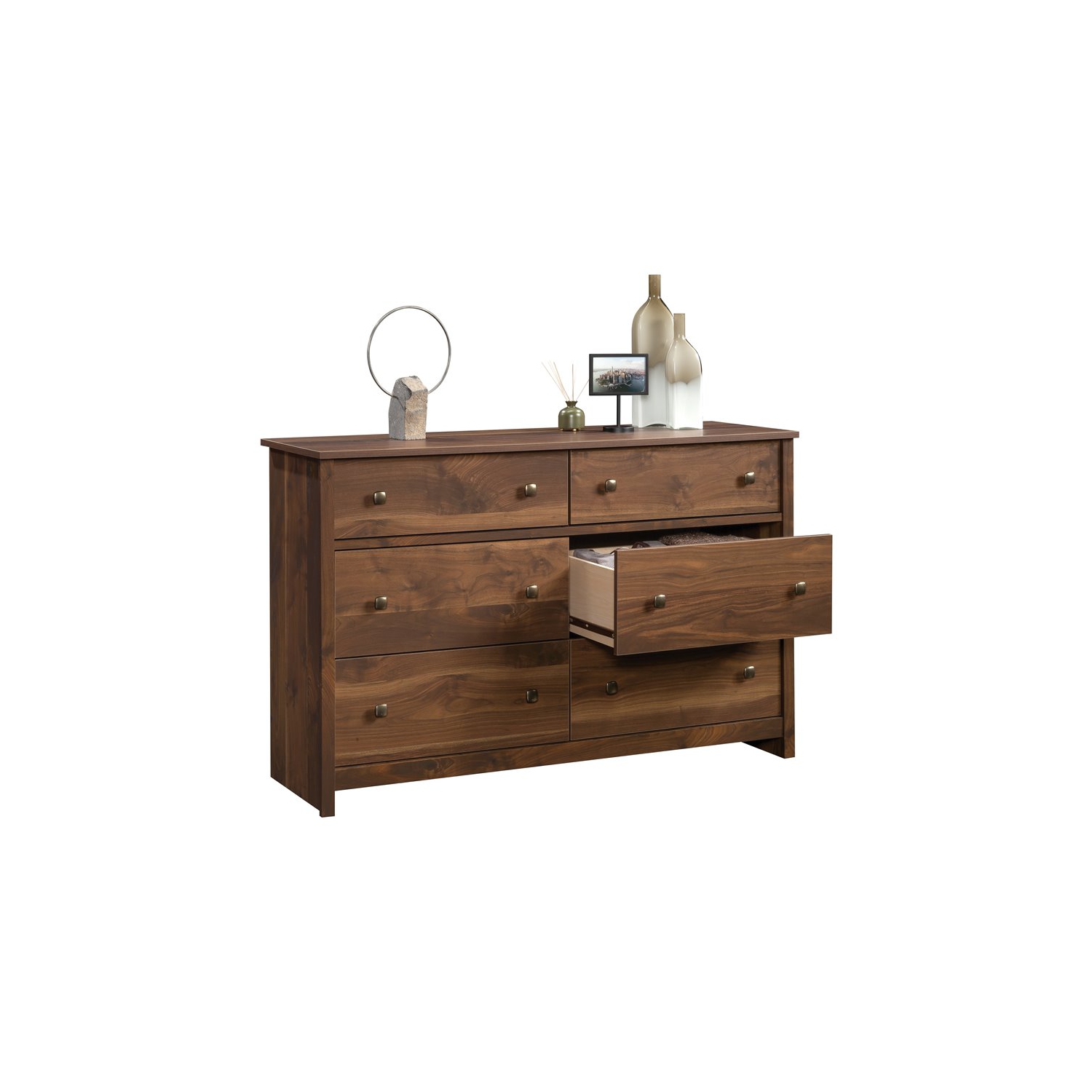 Pemberly Row Contemporary 6 Drawer Wooden Dresser in Grand Walnut