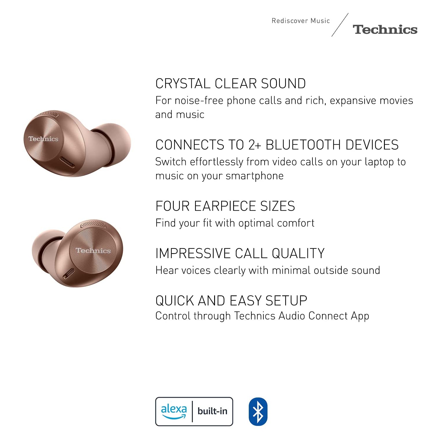 Écouteurs sans fil avec 4 tailles d'embouts en silicone or rose