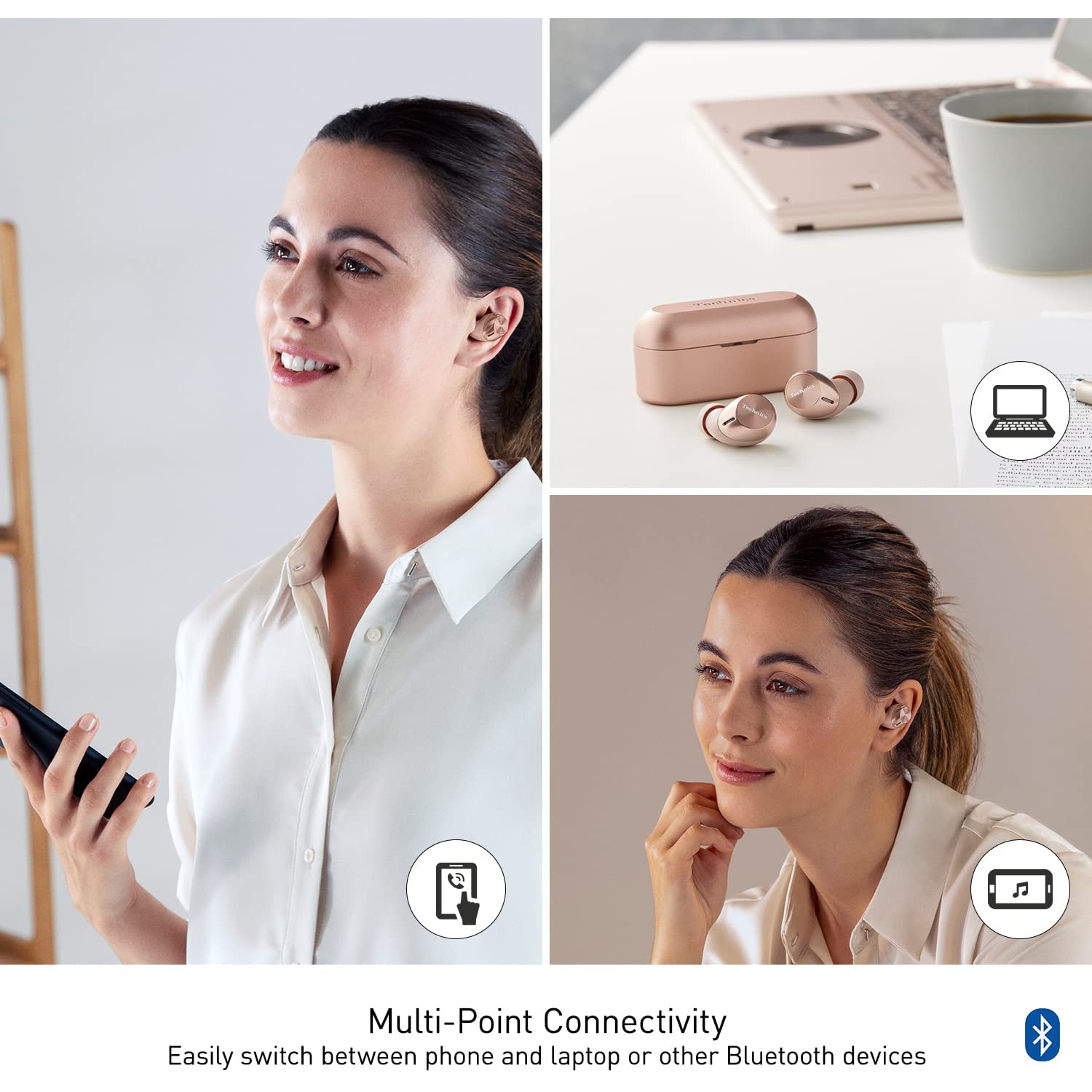 Écouteurs sans fil avec 4 tailles d'embouts en silicone or rose