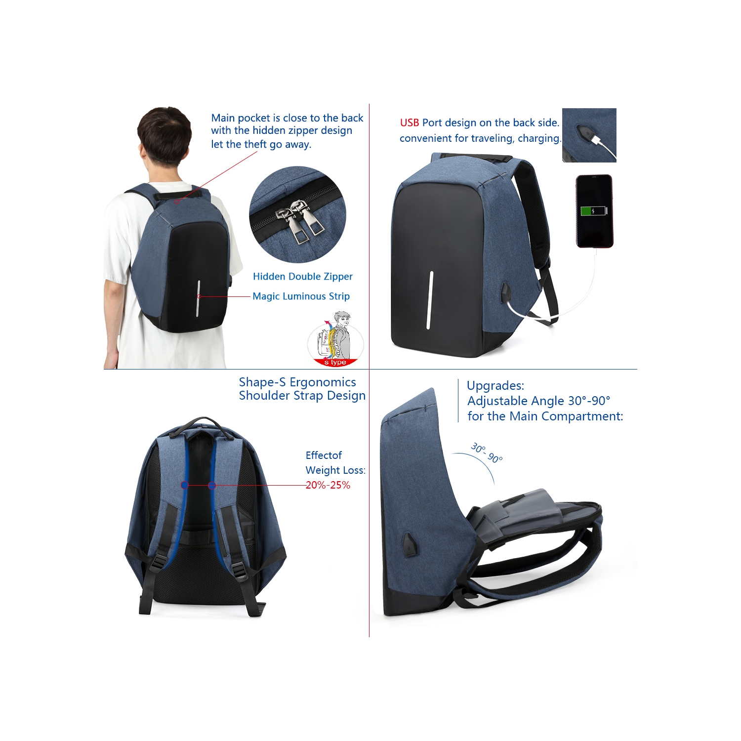 Anti-theft Business Backpack With USB Charging Port/Light-weight