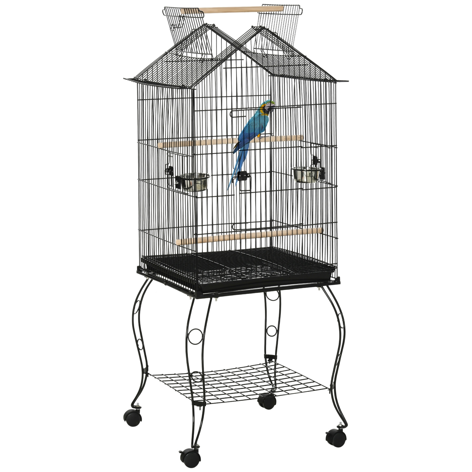 PawHut Bird Cage 57 Inch Flight Cage for Cockatiel, Conure with Rolling Stand, Pull Out Tray, Storage Shelf, Open Top, 0.75" Bar Spacing