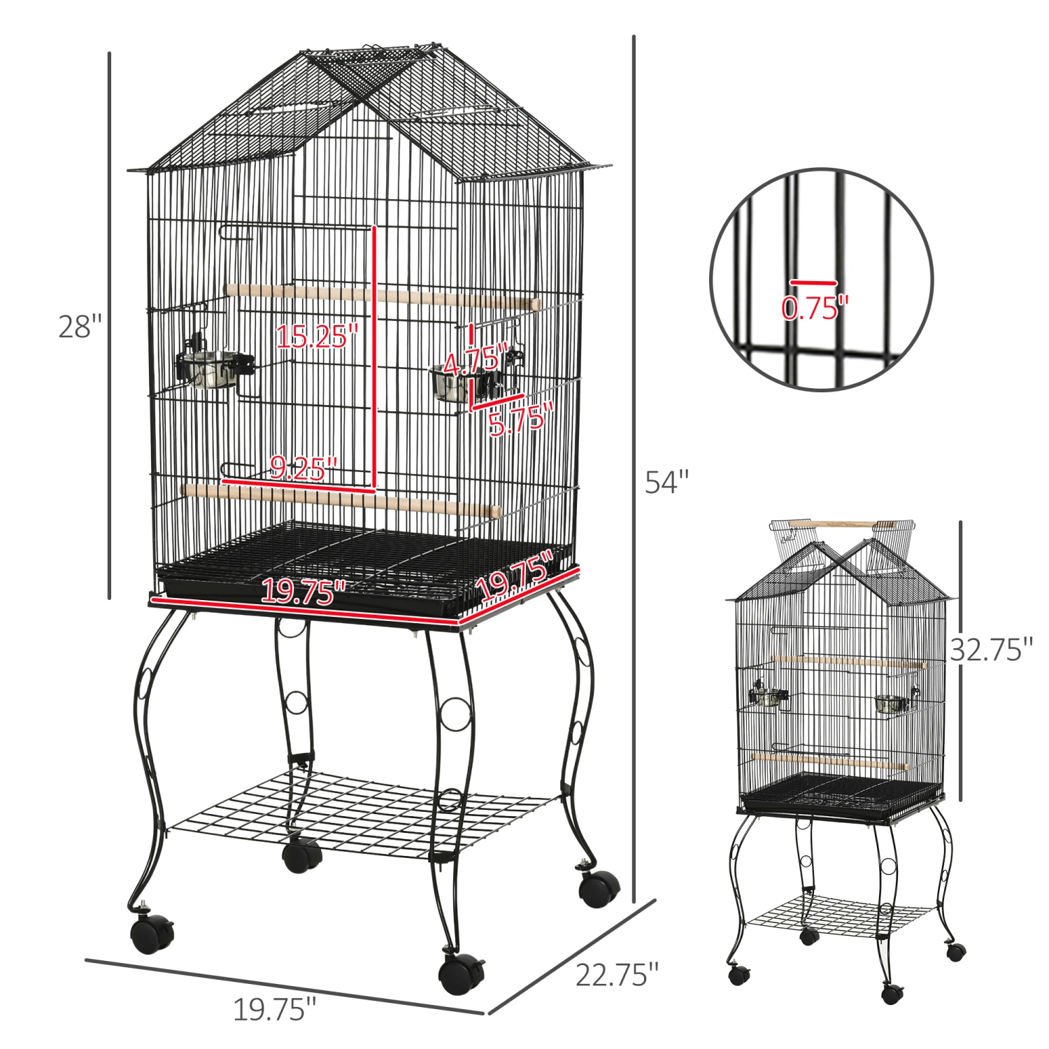 PawHut Grande cage à perroquets en métal pour oiseaux cage à perruches cage à oiseaux support pour station d'alimentation avec roues