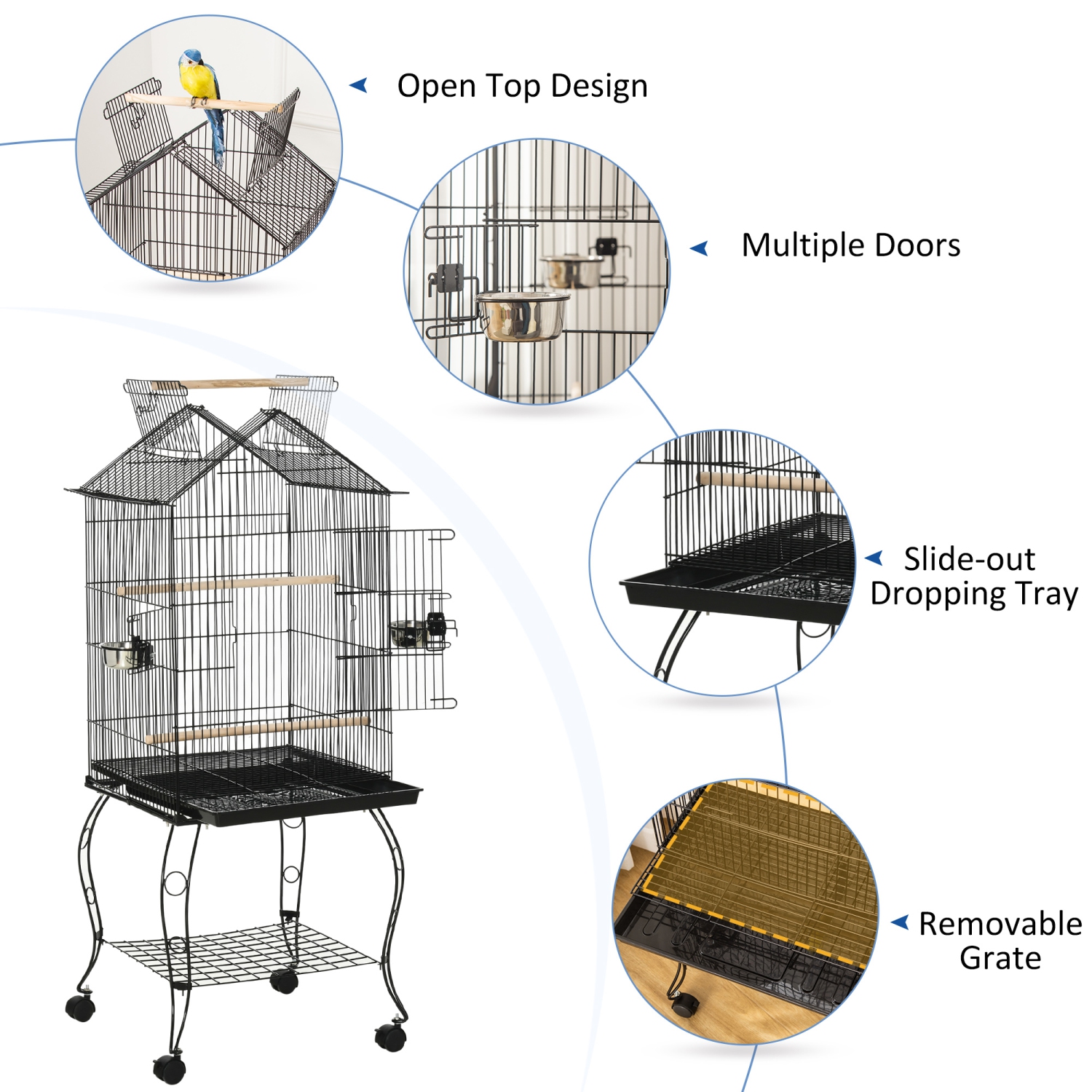 PawHut Grande cage à perroquets en métal pour oiseaux cage à perruches cage à oiseaux support pour station d'alimentation avec roues