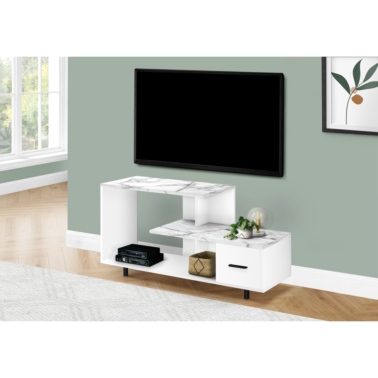 Monarch Specialties I 2609 Meuble Tv 48"L Blanc Dessus Marbre Blanc 1 Tiroir