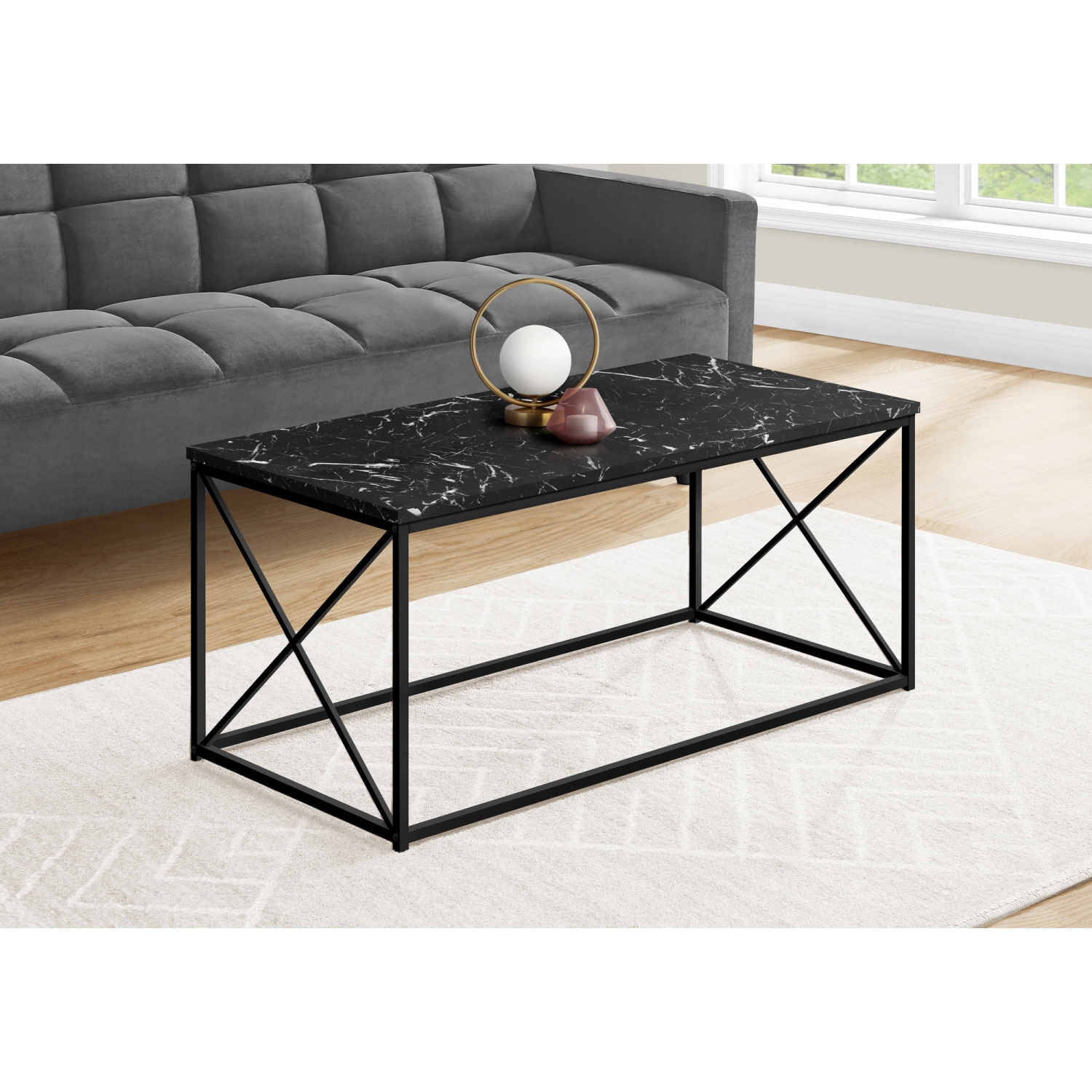 Monarch Specialties I 3783 Coffee Table 40"L Black Marble Black Metal