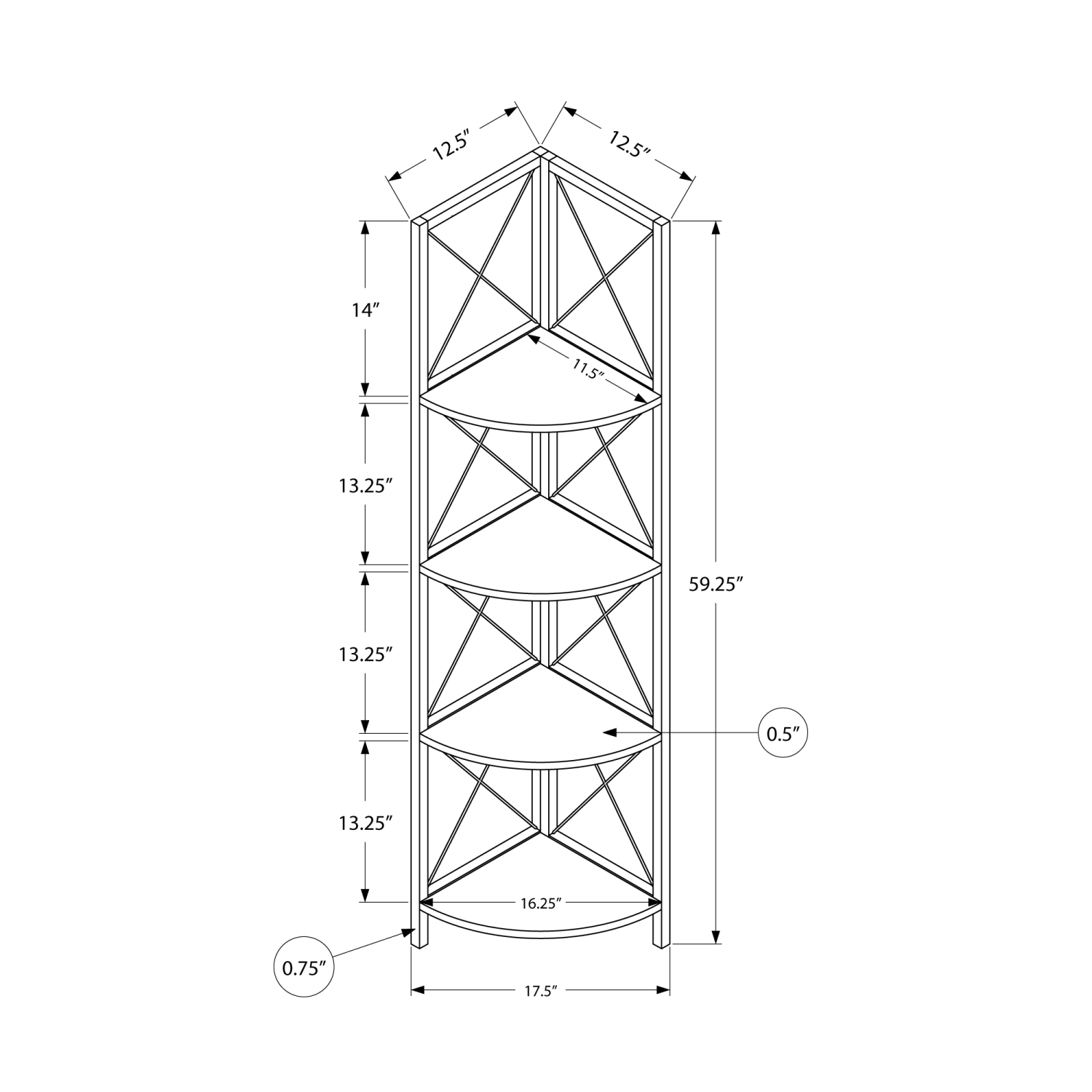 Monarch Specialties I 3647 Étagère 60"H Gris Métal Noir En Coin