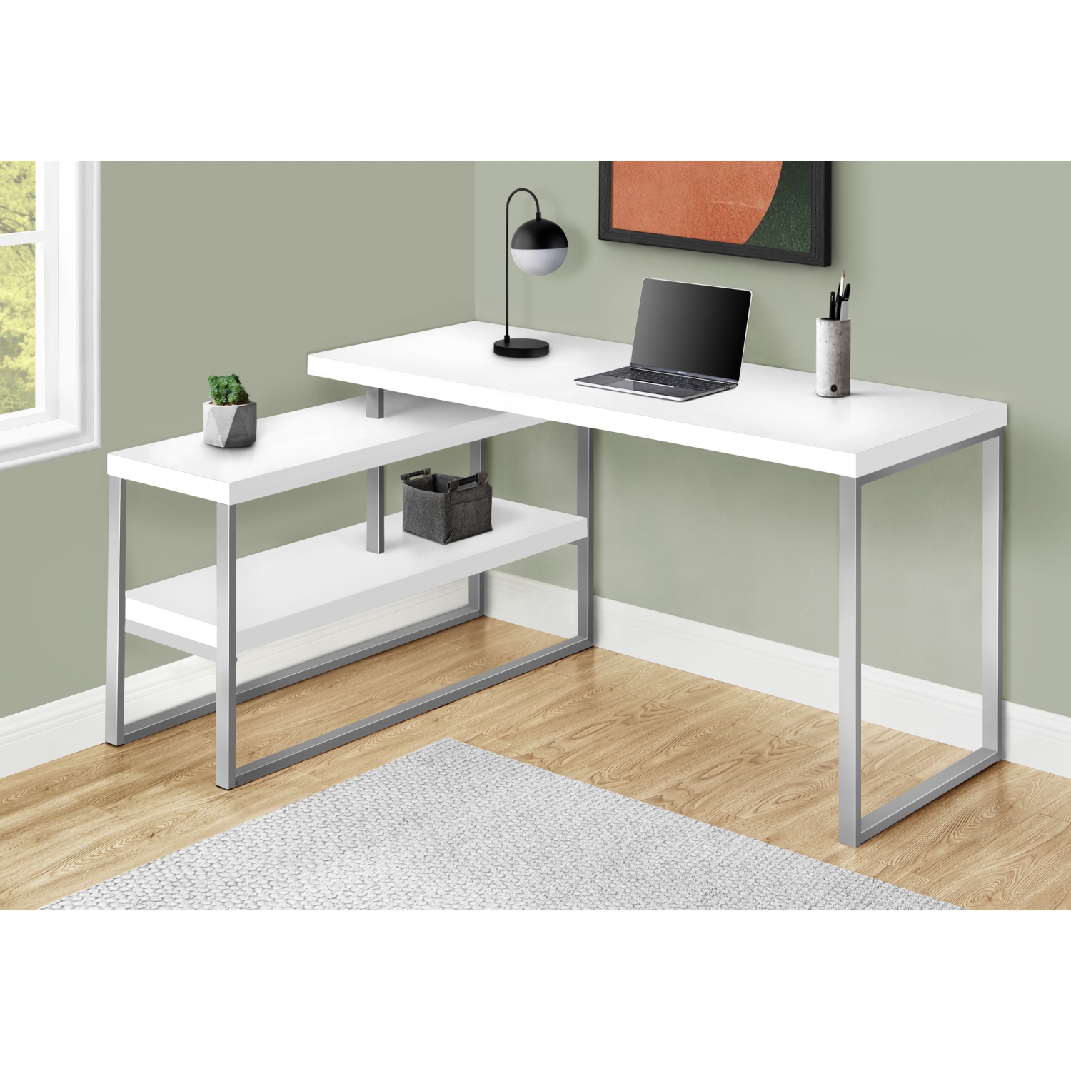 Monarch Specialties I 7585 Computer Desk 60"L White Silver Metal Left / Right Corner