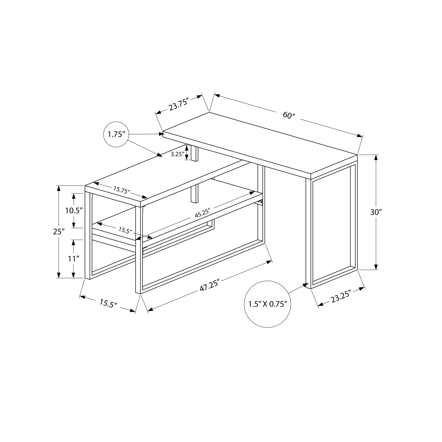 Monarch Specialties I 7585 Computer Desk 60"L White Silver Metal Left / Right Corner