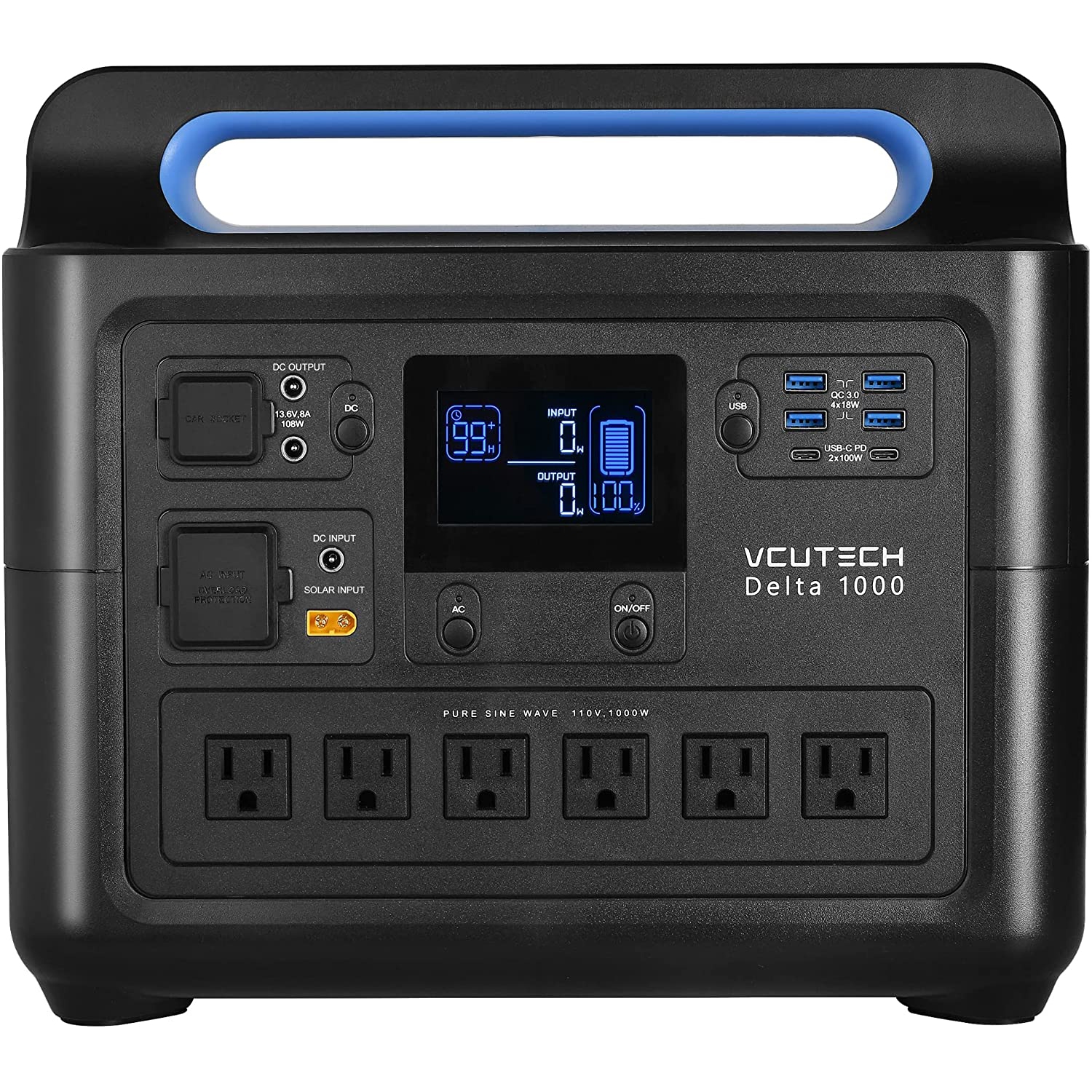 VCUTECH Portable Power Station 1000W, 1228WH Capacity LiFePO4 Battery, Support Up to 15 Device, Solar Generator Charge 0-90% In 2hrs, Backup Battery Power Supply