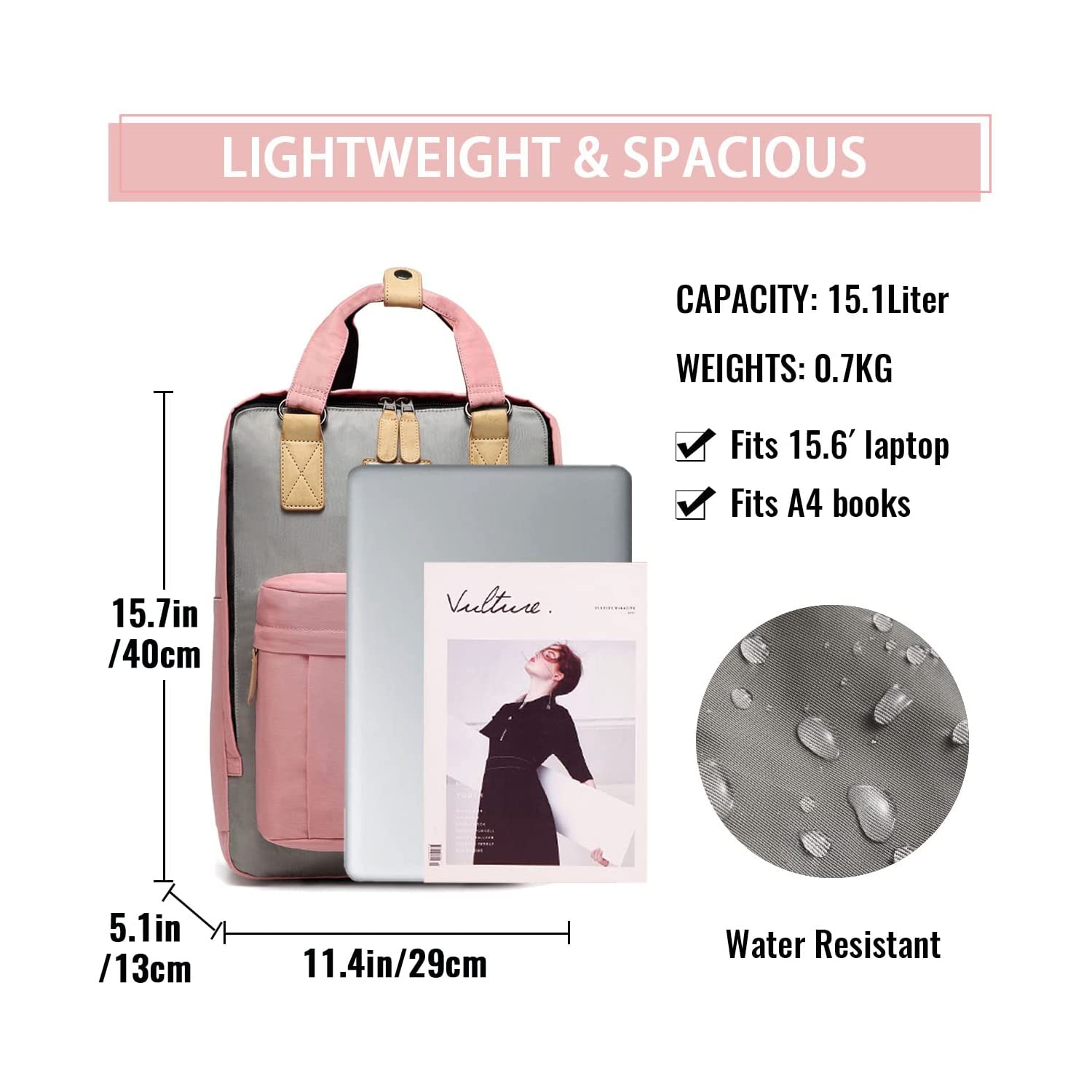 Sac à dos pour portable, 15.6 po, sac à dos scolaire résistant à l’eau, porte-livre, sac à dos décontracté pour