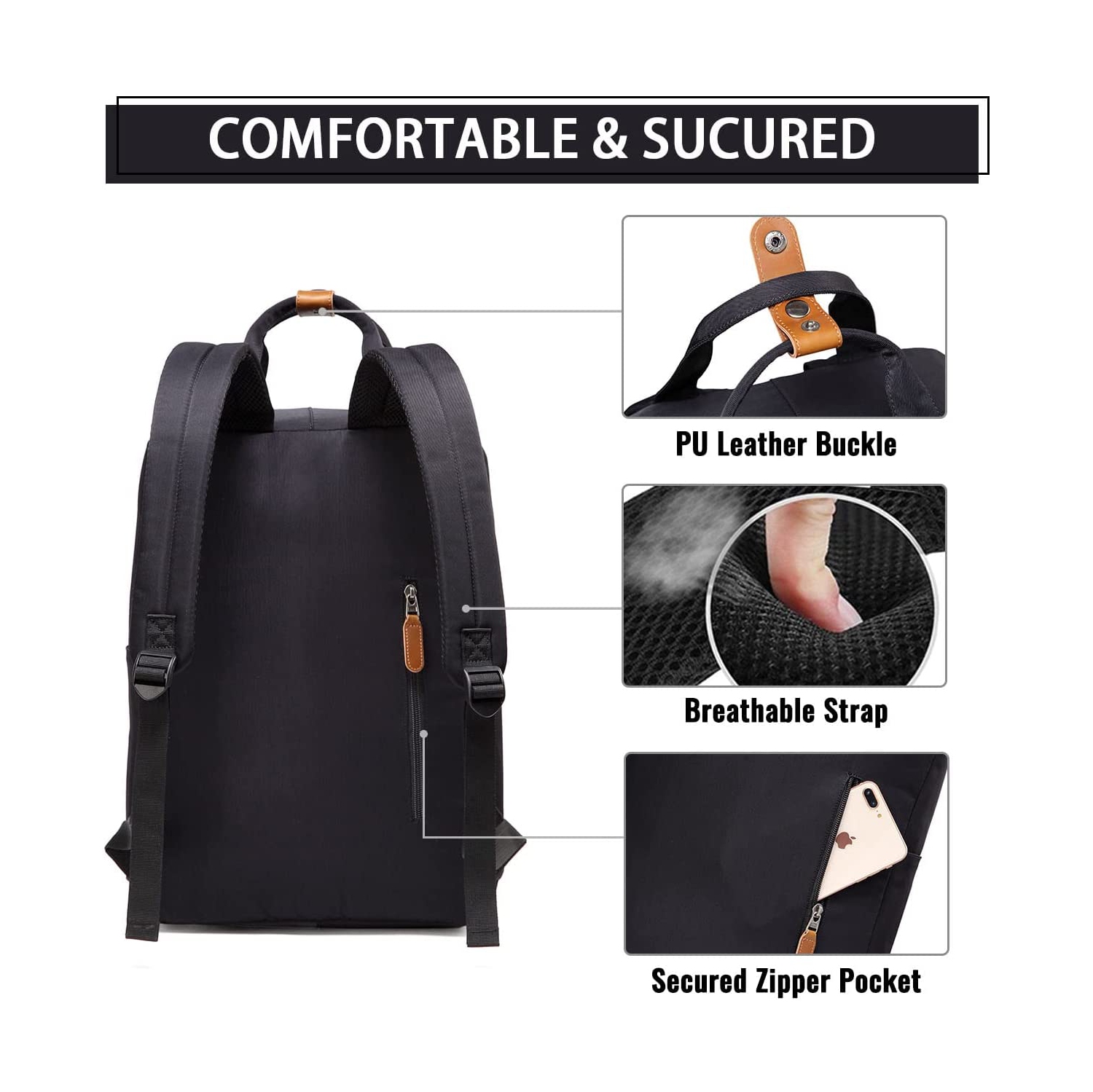 Sac à dos pour portable, 15.6 po, sac à dos scolaire résistant à l’eau, porte-livre, tout-aller pour enseignant/adolescent/fille/affaires/voyage noir