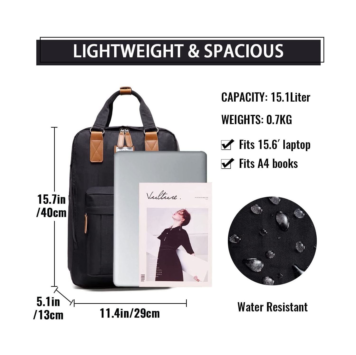 Sac à dos pour portable, 15.6 po, sac à dos scolaire résistant à l’eau, porte-livre, tout-aller pour enseignant/adolescent/fille/affaires/voyage noir