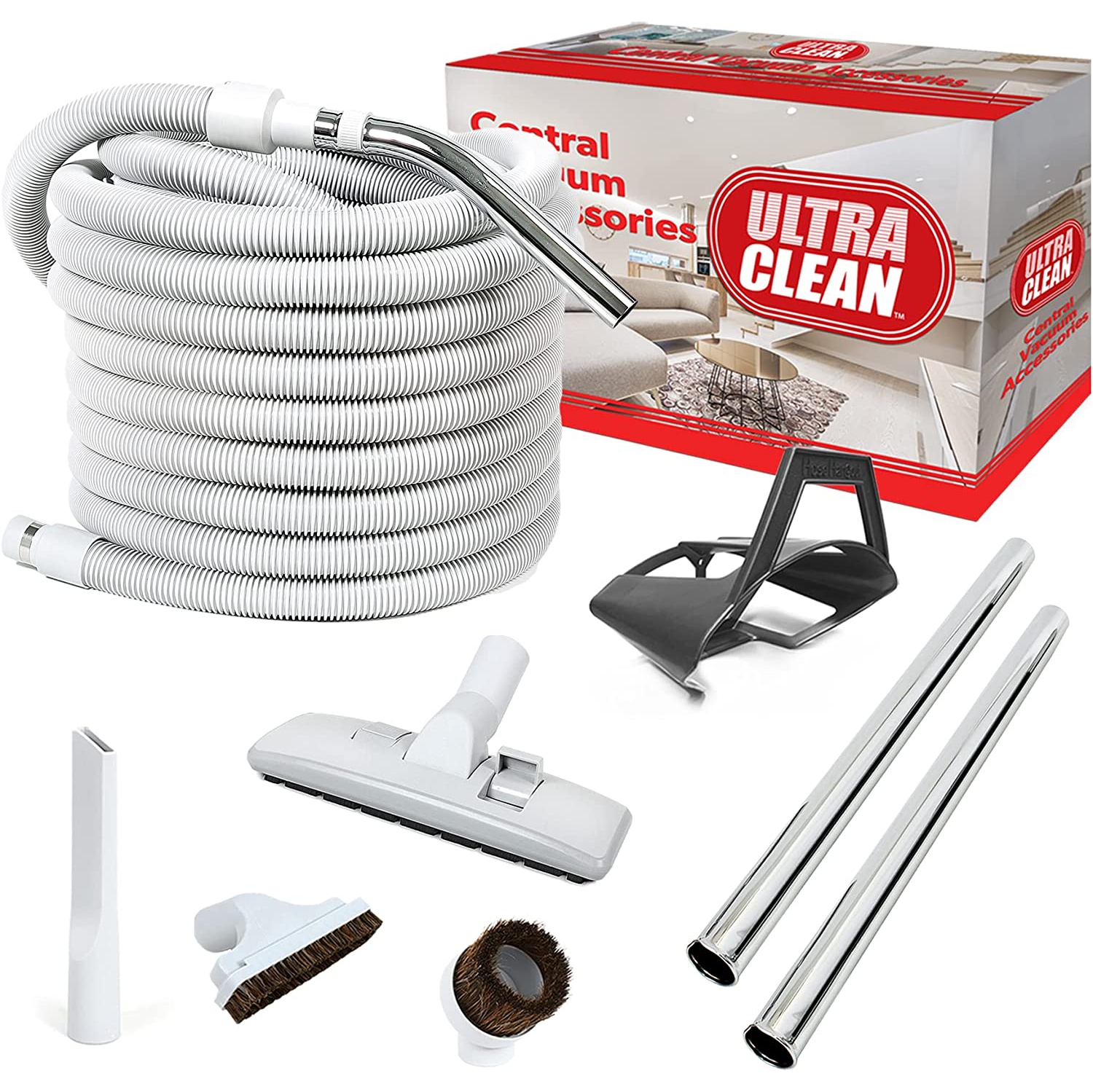 Ultra Clean Deluxe Central Vacuum Hose and Attachment Kit for Bare Flooring, Hardwood, Ceramic, Natural Stone, Tiles and Rugs
