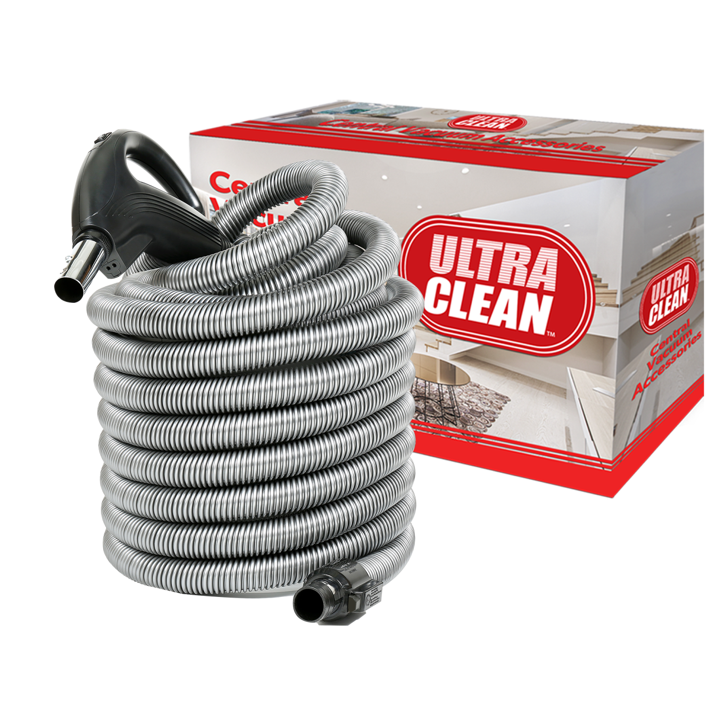 ULTRA CLEAN Central Vacuum Hardwood Accessory Kit - Low-Voltage Crush-Proof Hose with ON/Off Switch Swivel Handle - Telescopic Extendable Wand -