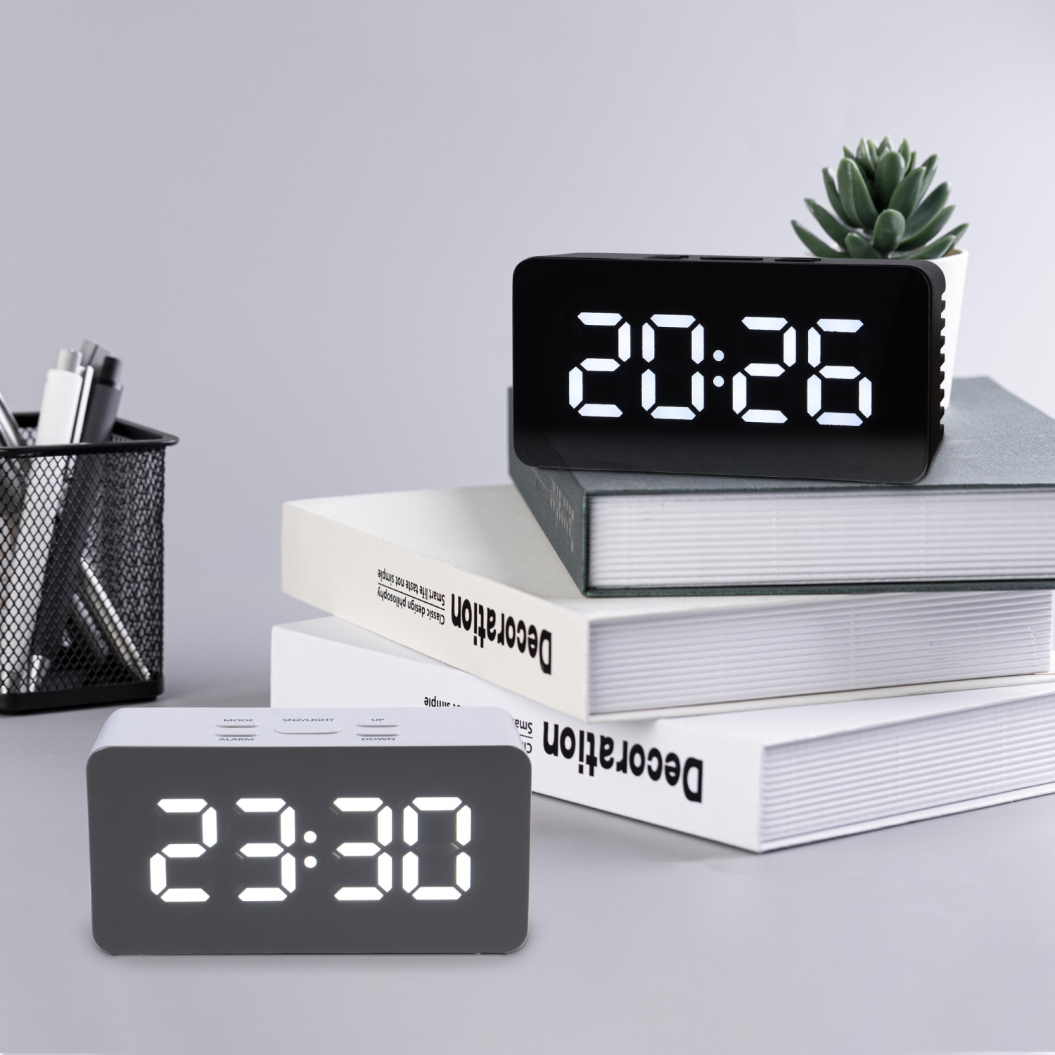 Creative Digital Mirror Alarm Clocks Support USB Charger and batteries power supply With Night Mode - White