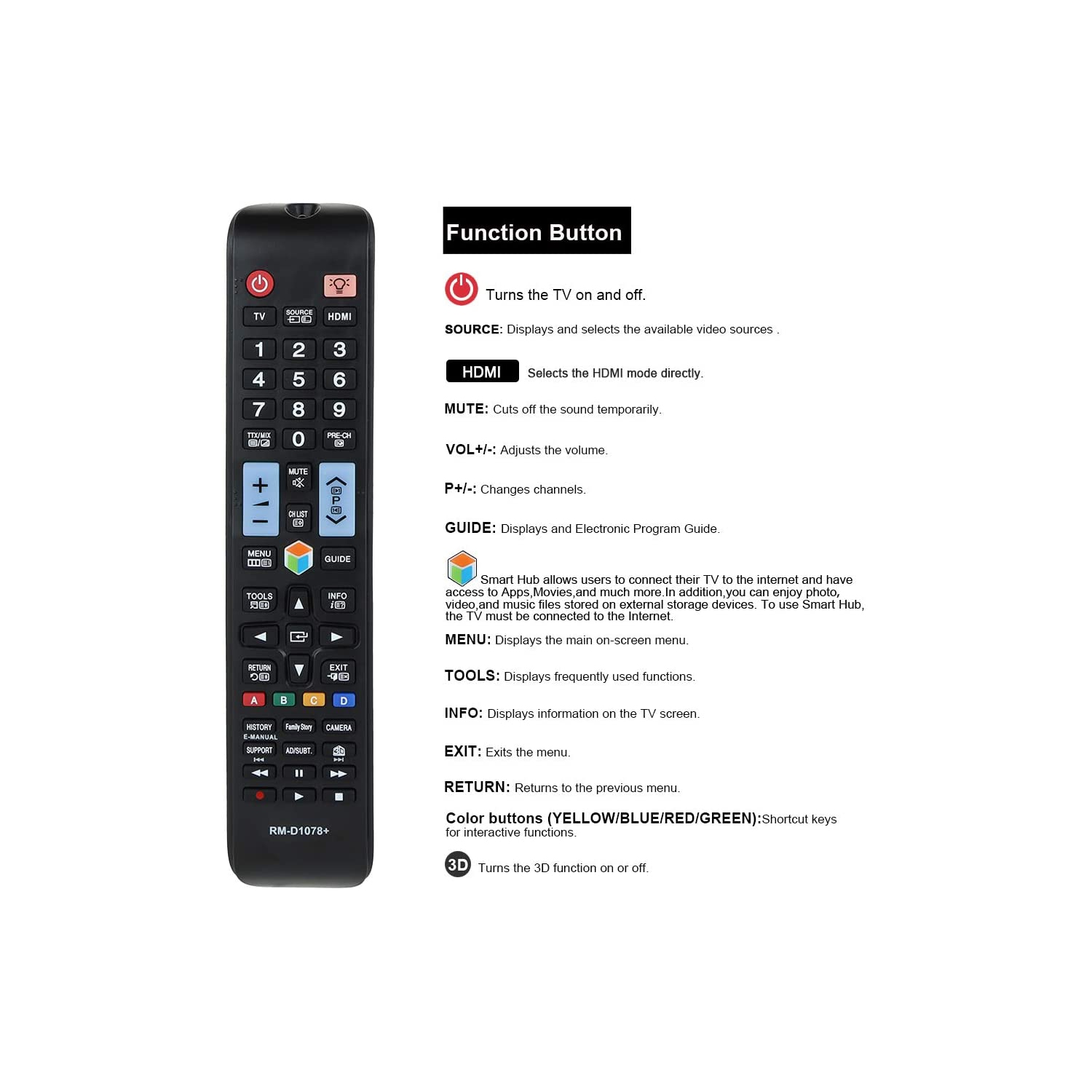 Universal Remote Control RM-D1078+ Compatible Replacement for Samsung TV/LCD/LED/HDTV/Smart TV