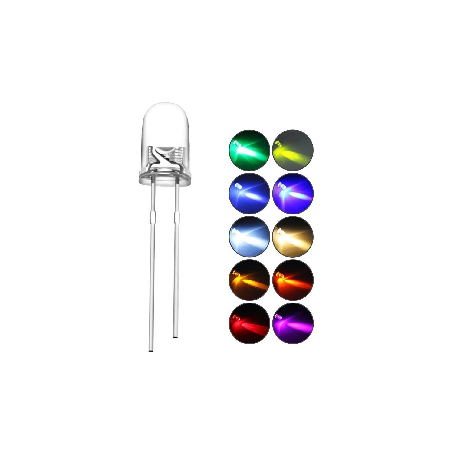 200 pièces DEL de 5 mm, diodes électroluminescentes, 2 broches, couleurs variées, UV/rouge/jaune/vert/bleu/chaud
