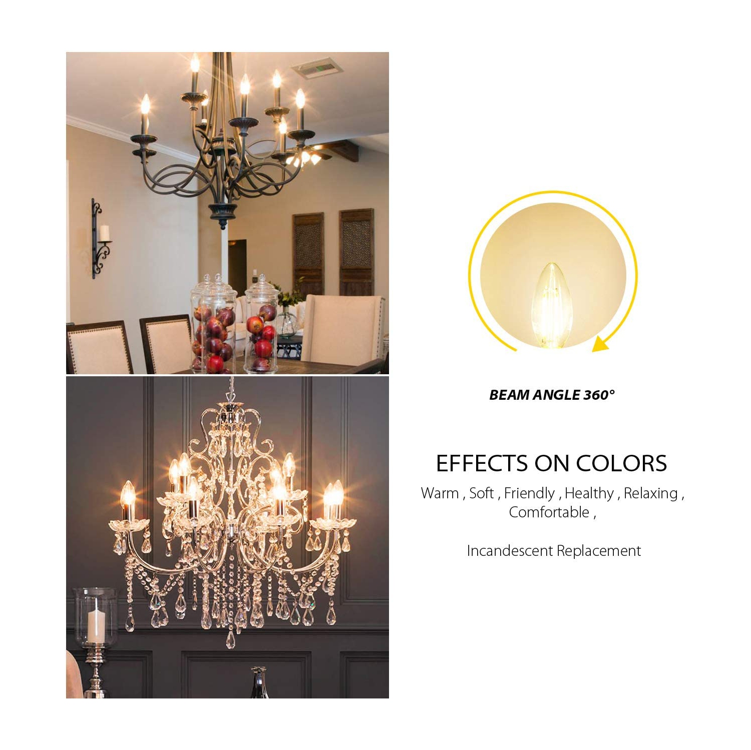 LED Chandelier Light Bulbs, Dimmable B11 Candle Light Bulbs, 4.5W, 500 Lumens, E12 Candelabra