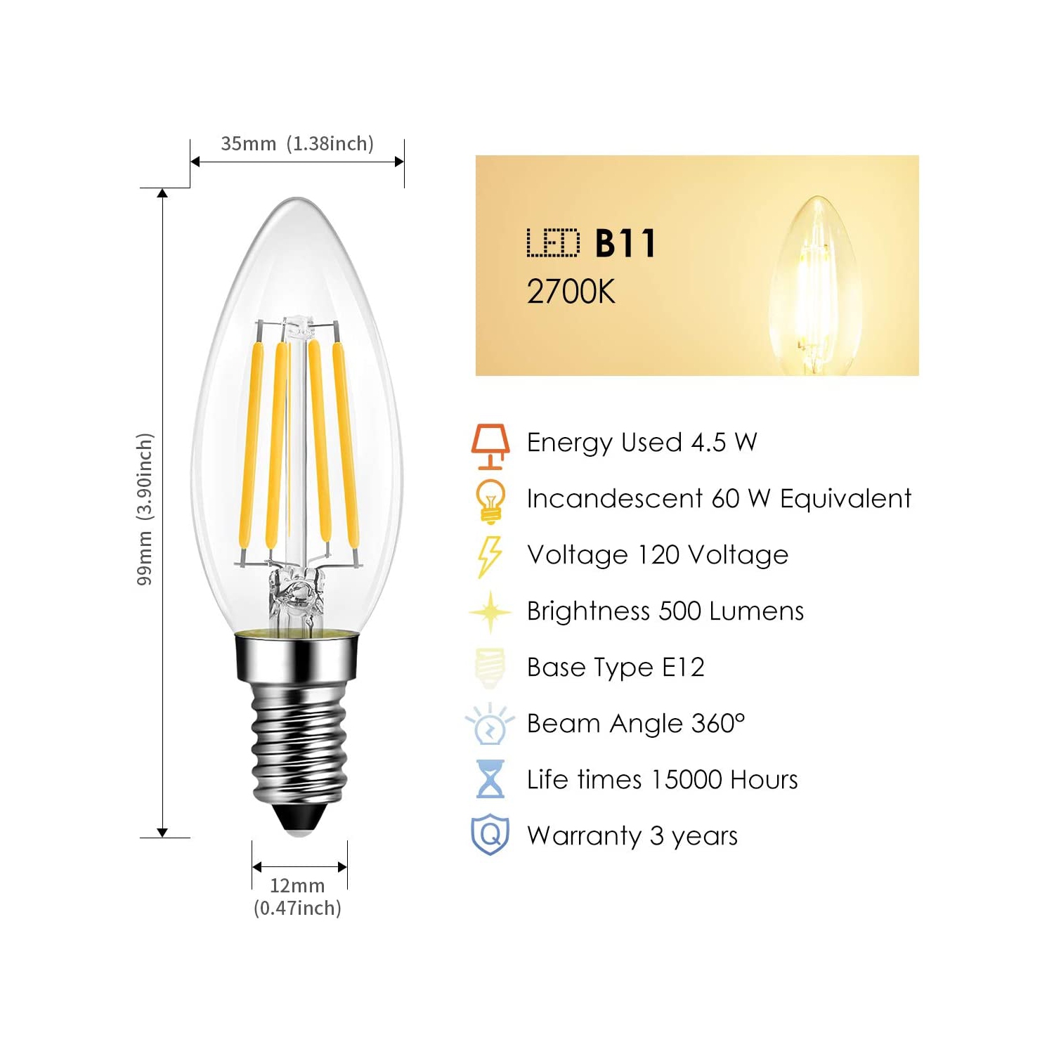 LED Chandelier Light Bulbs, Dimmable B11 Candle Light Bulbs, 4.5W, 500 Lumens, E12 Candelabra