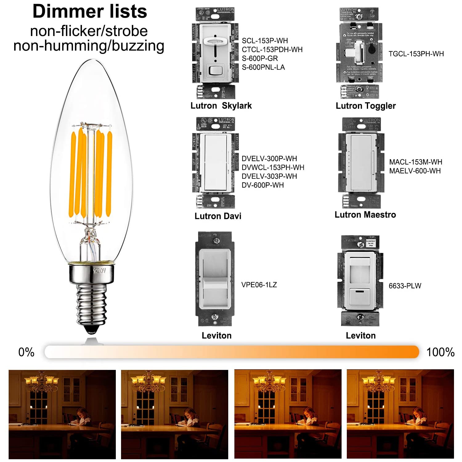Ampoule DEL B10 à intensité variable 60 W, candélabre, ampoules à DEL blanc chaud 2700k transparent 6 W, ventilateur de plafond a120v