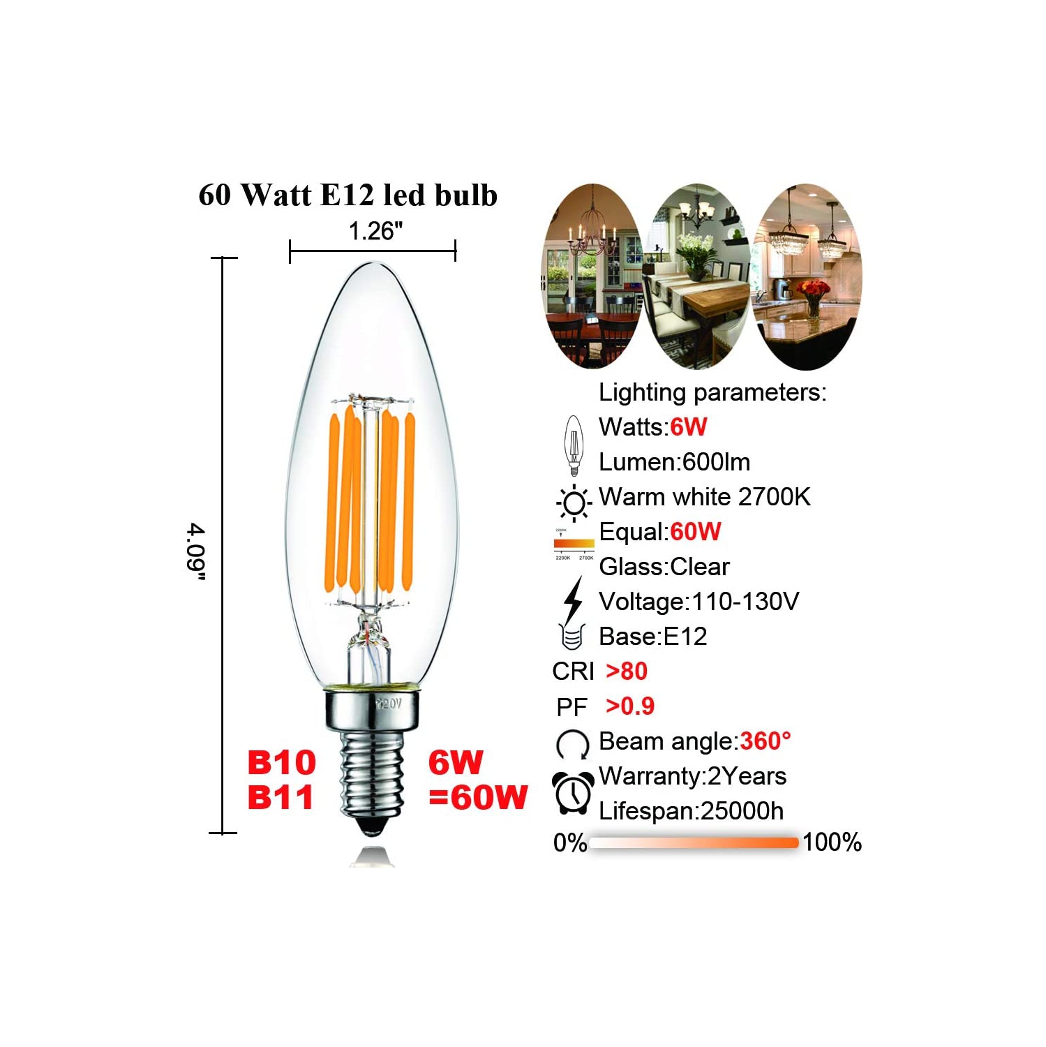 Ampoule DEL B10 à intensité variable 60 W, candélabre, ampoules à DEL blanc chaud 2700k transparent 6 W, ventilateur de plafond a120v