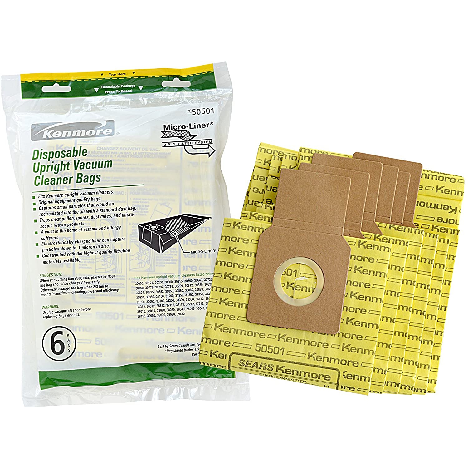 Micro-Lined Vacuum Bags. Genuine Upright Vacuum Cleaners. Package of 6 Bags