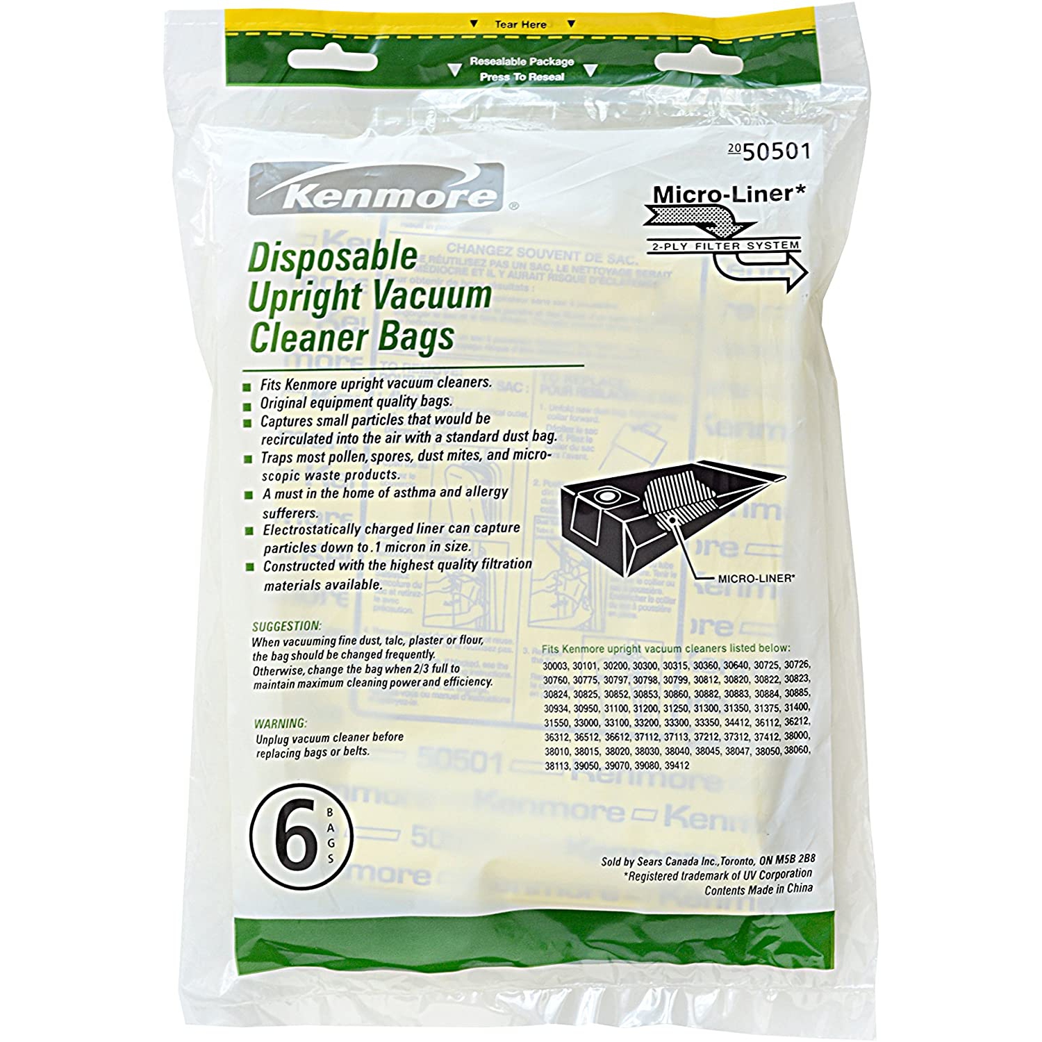 Micro-Lined Vacuum Bags. Genuine Upright Vacuum Cleaners. Package of 6 Bags