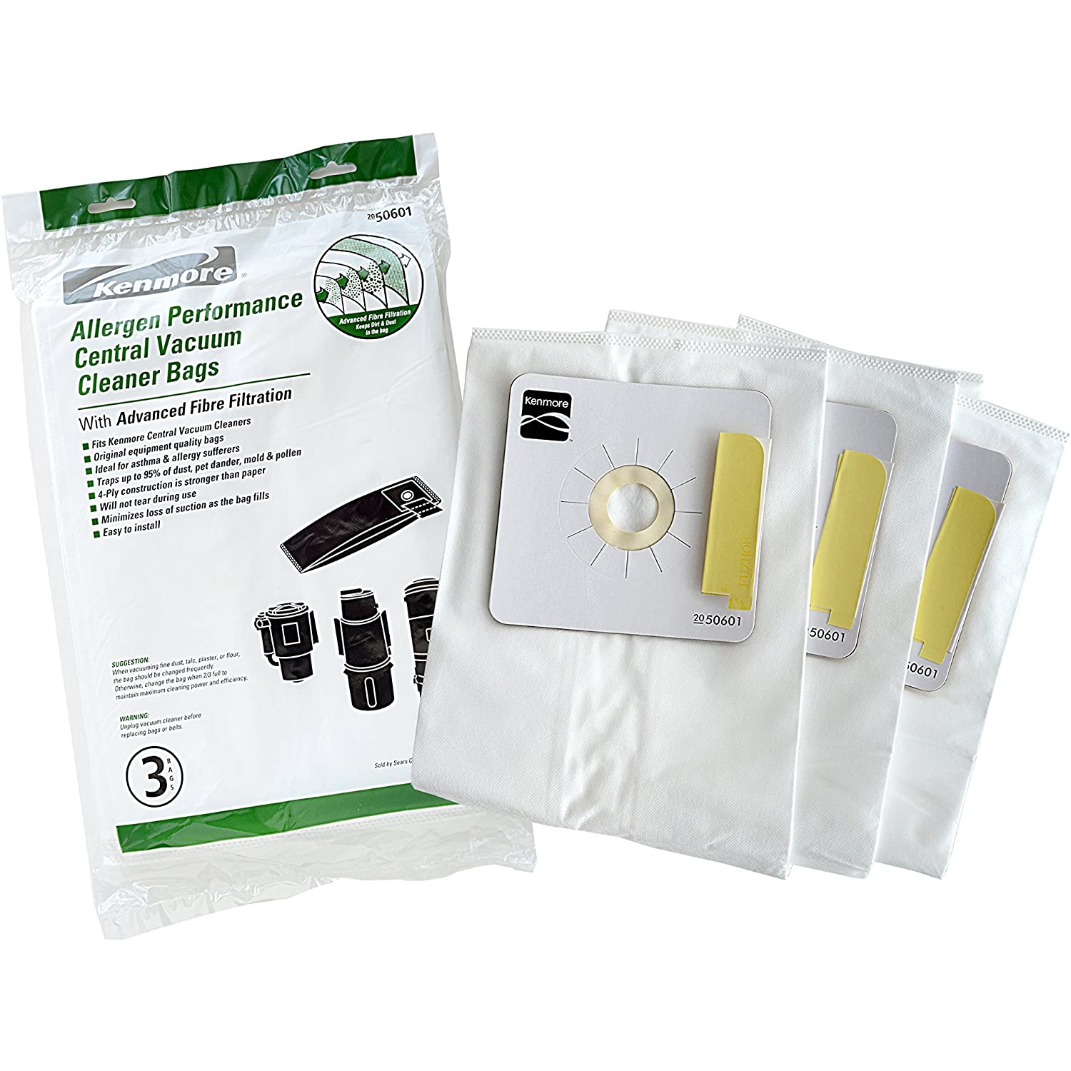 50601 Allergen Central Vac Bags. Genuine Synthetic Central Vacuum Cleaner Bags. Package of 3 Bags