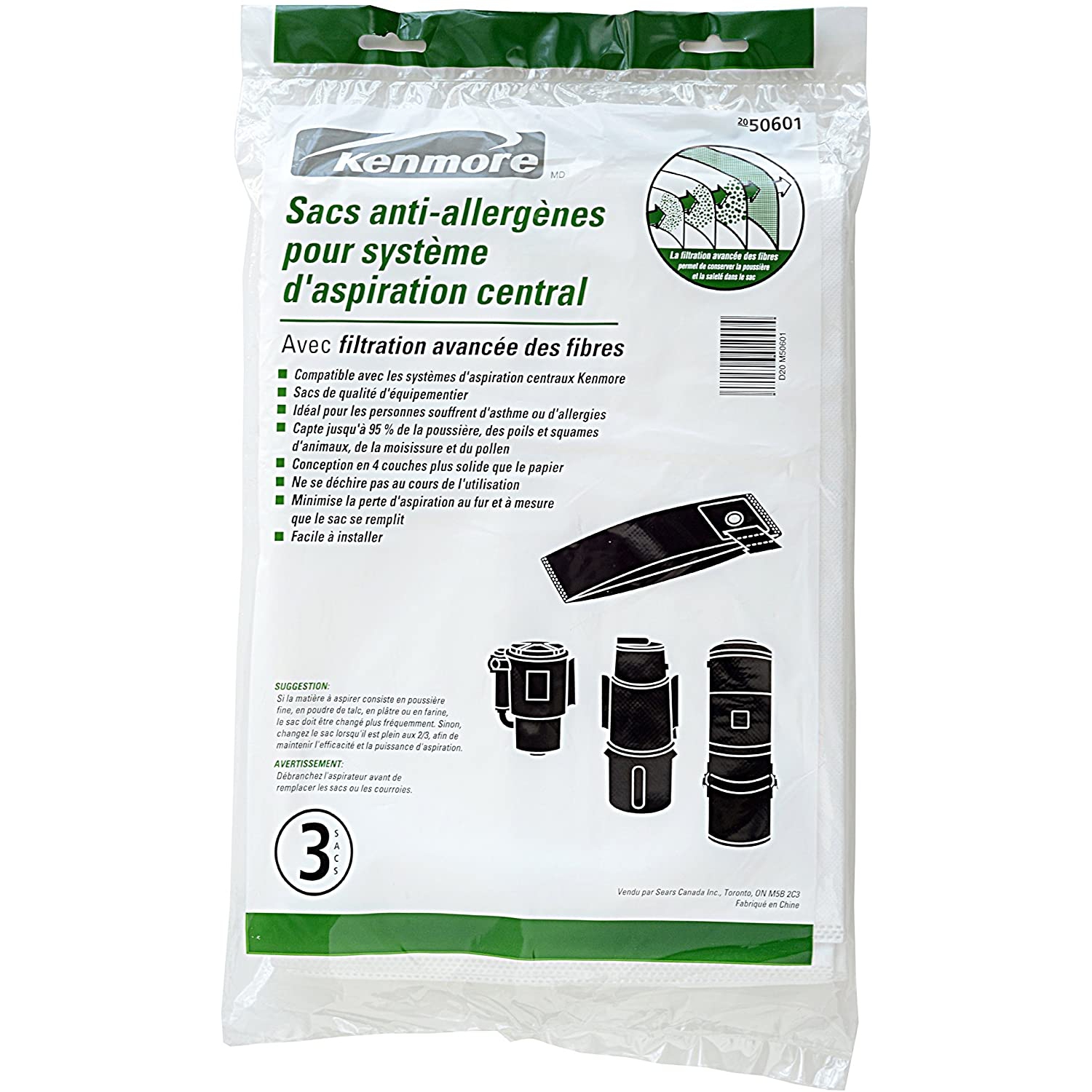 50601 Allergen Central Vac Bags. Genuine Synthetic Central Vacuum Cleaner Bags. Package of 3 Bags