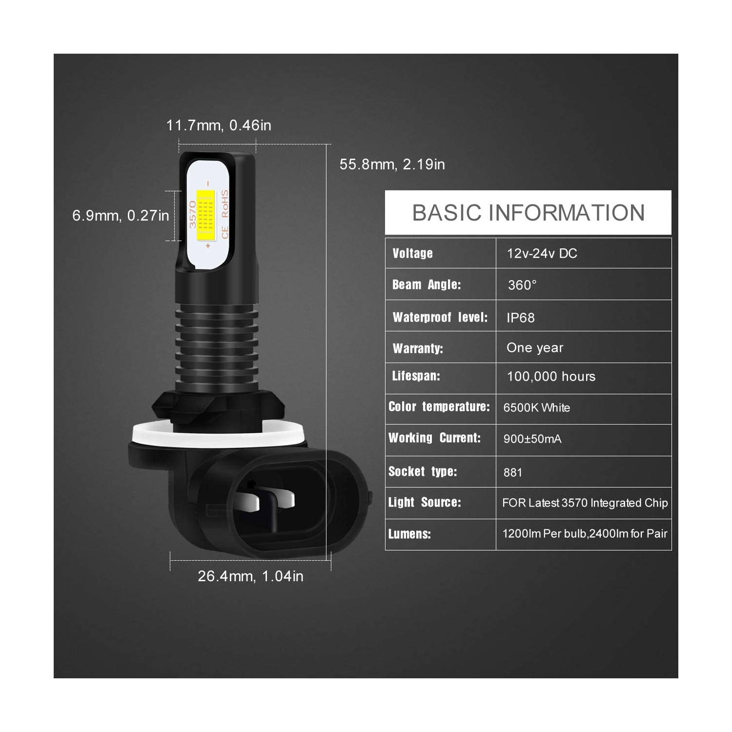 2400 Lumens Extremely Bright Newest 3570 Chipets 881 LED Fog Light Bulbs Only for Daytime Running Light DRL