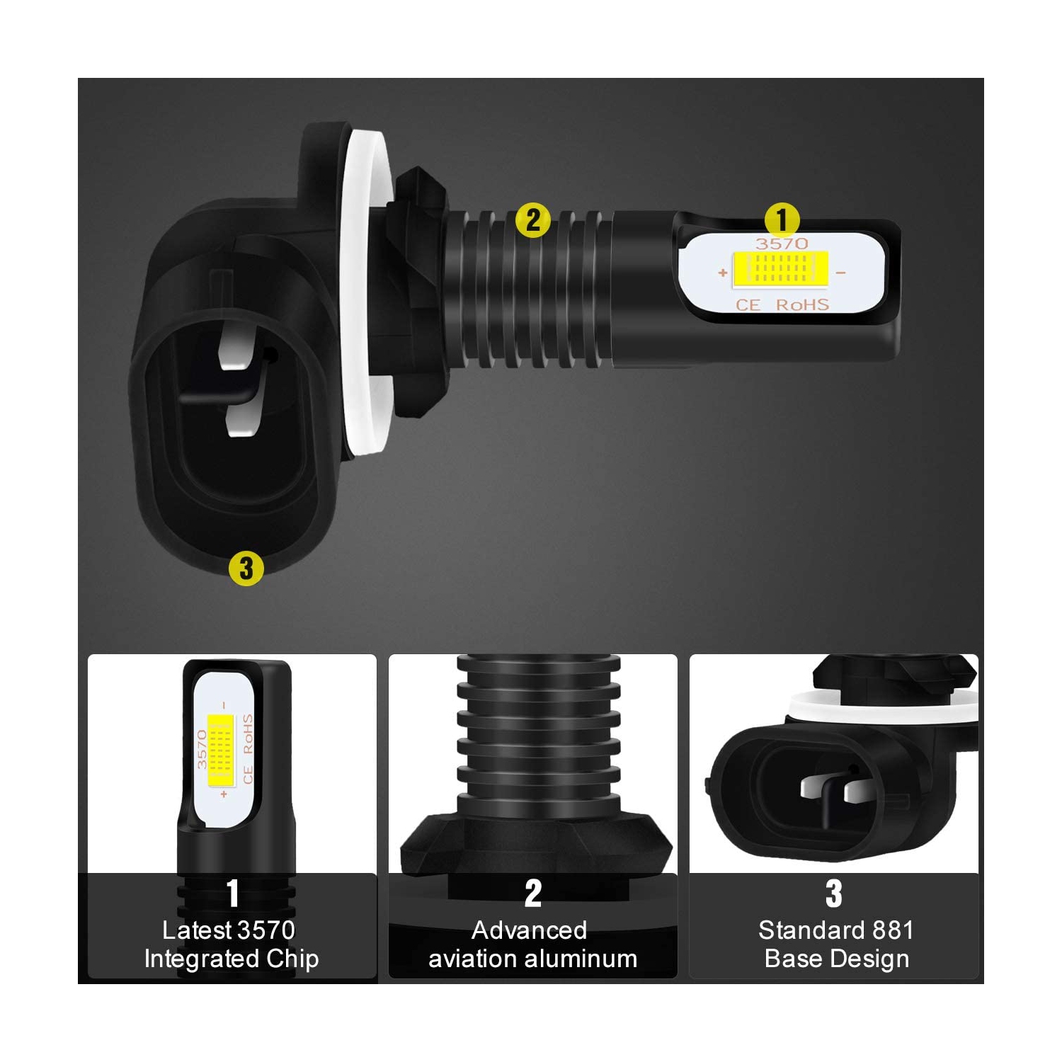 2400 Lumens Extremely Bright Newest 3570 Chipets 881 LED Fog Light Bulbs Only for Daytime Running Light DRL