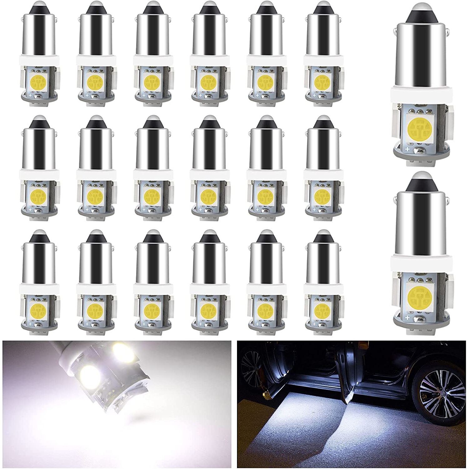 20-Pack White BA9S 5050 5SMD Led License Plate Light Bulb for Car Replacement Lights Door Light 12V