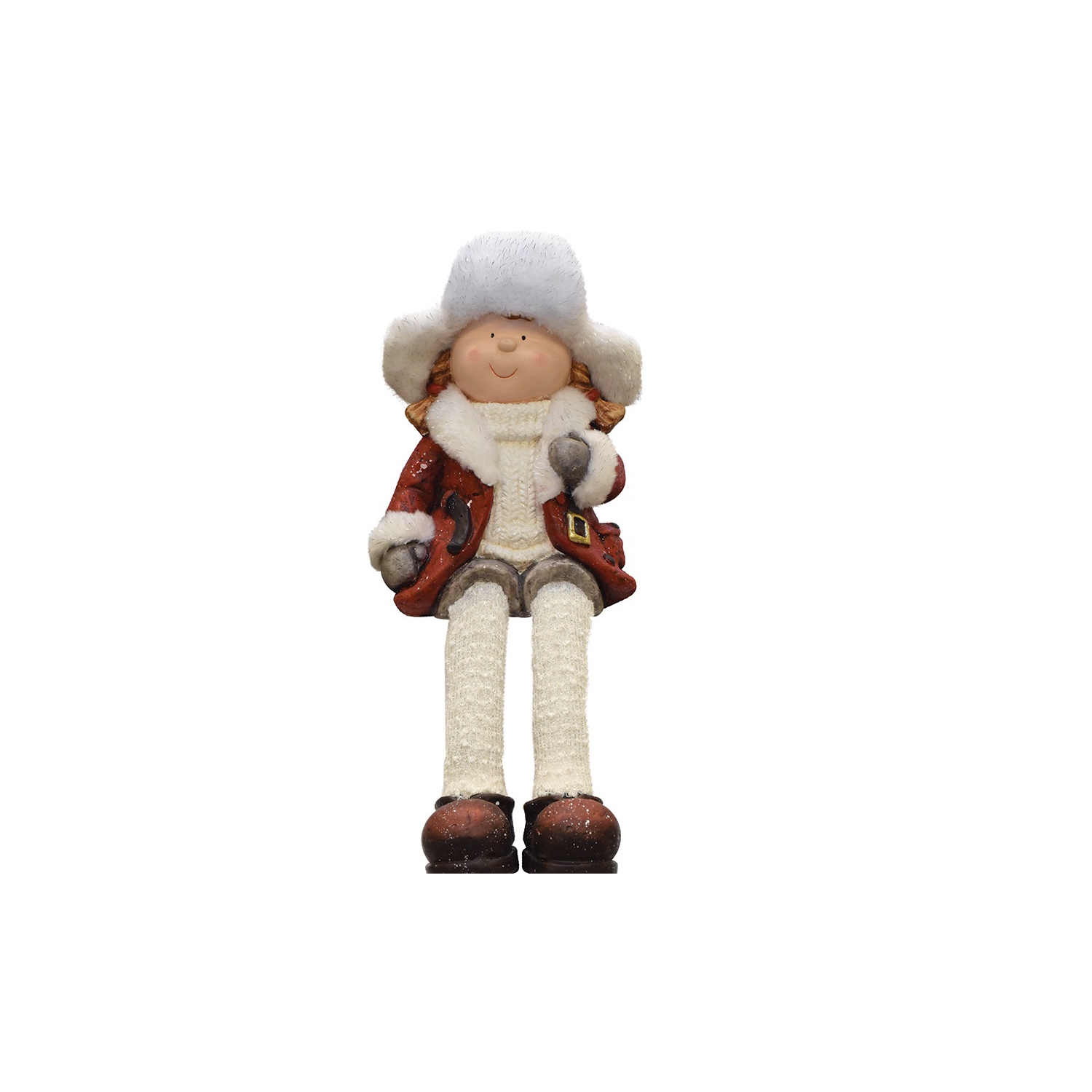 19" White and Red Sitting Young Girl in Trapper Hat Christmas Figurine