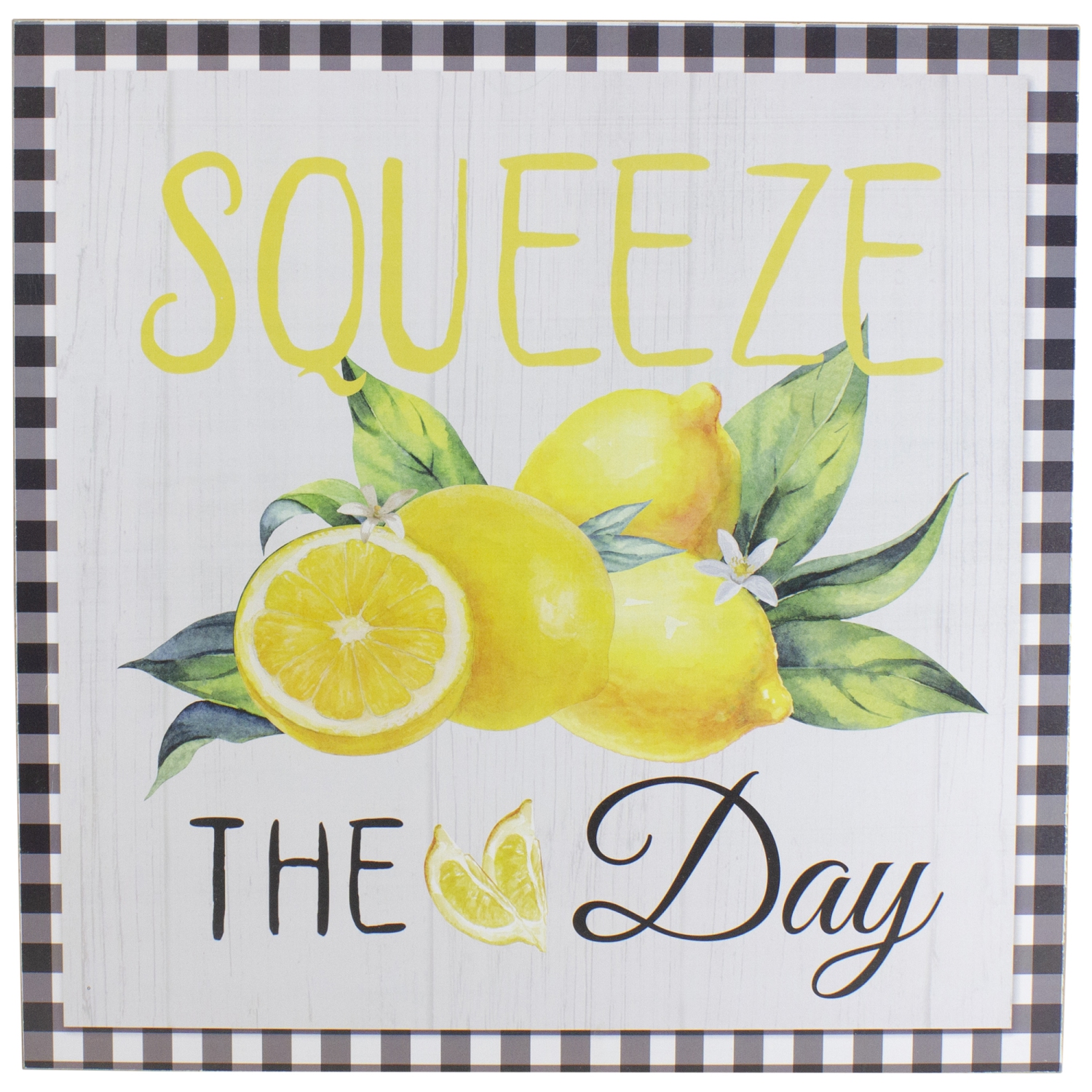 White and Black Gingham "Squeeze the Day" Decorative Lemon Wall Art 13.75"