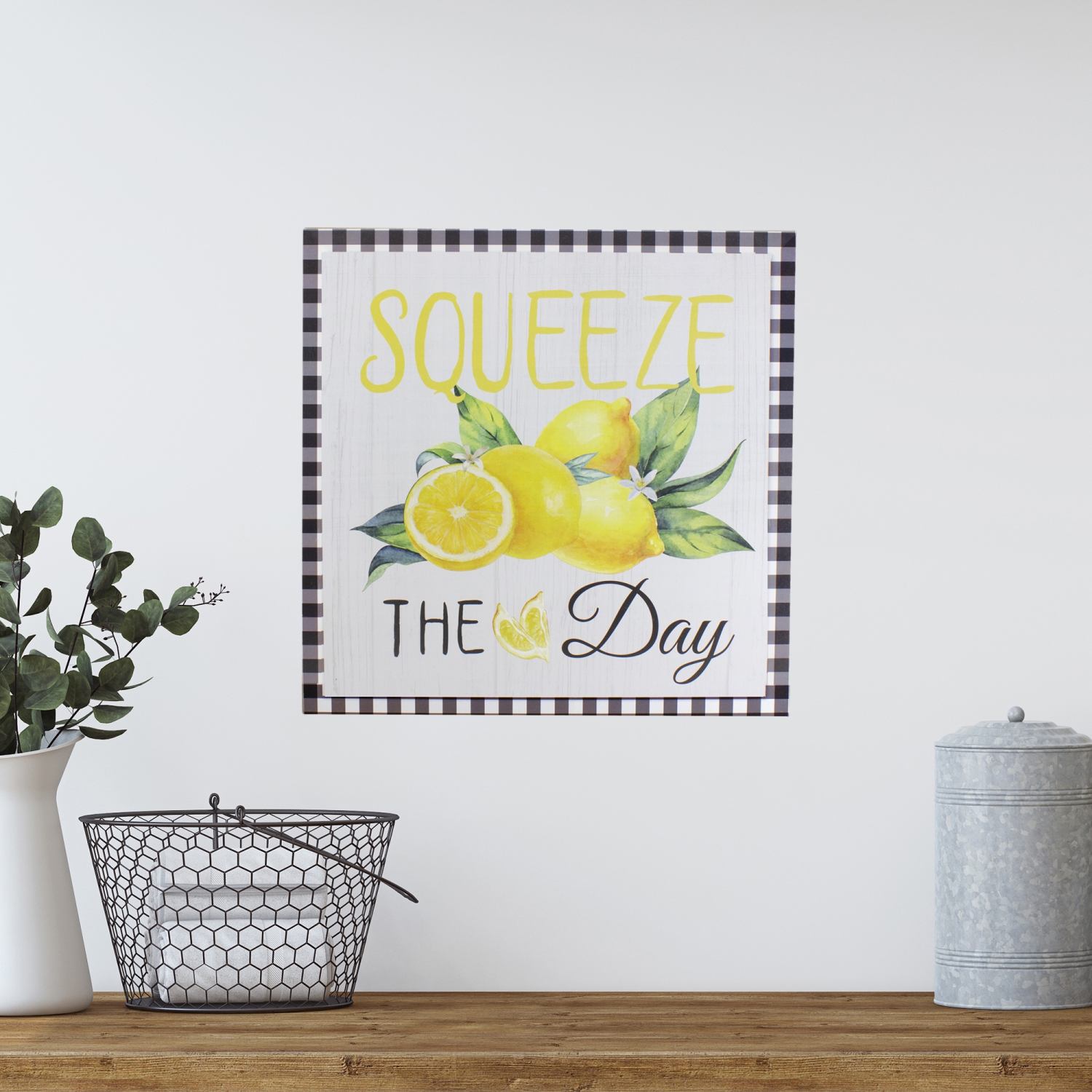 White and Black Gingham "Squeeze the Day" Decorative Lemon Wall Art 13.75"