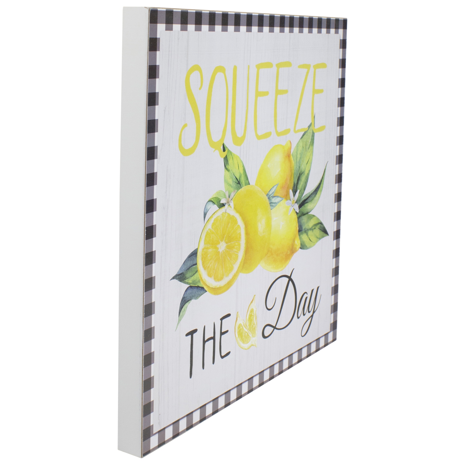 White and Black Gingham "Squeeze the Day" Decorative Lemon Wall Art 13.75"