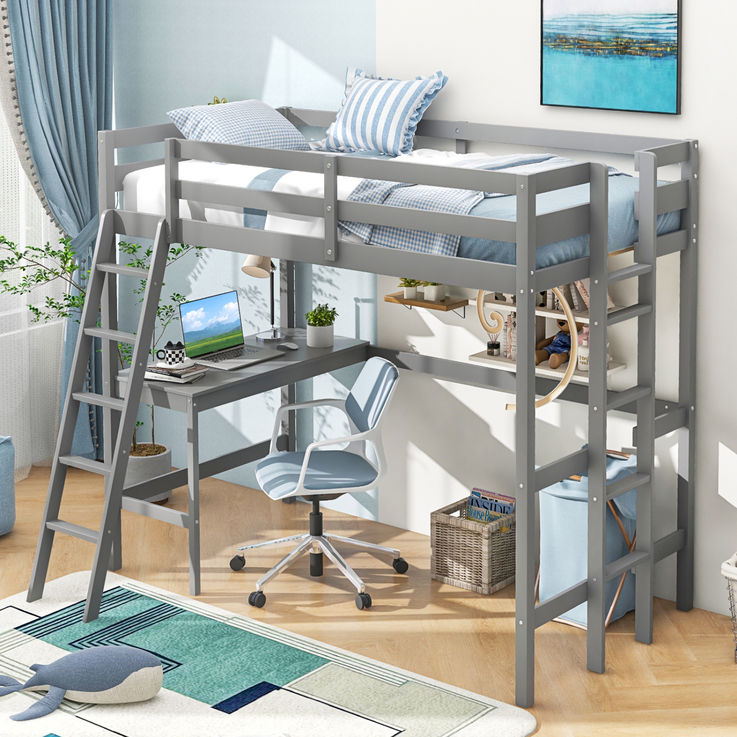Costway Twin Loft Bed Frame w/Desk Angled and Built-in Ladder Solid Wooden Frame White\Grey\Expresso