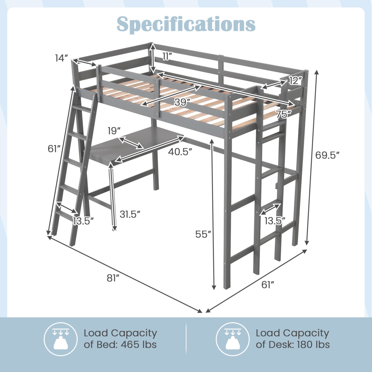 Costway Twin Loft Bed Frame w/Desk Angled and Built-in Ladder Solid Wooden Frame White\Grey\Expresso