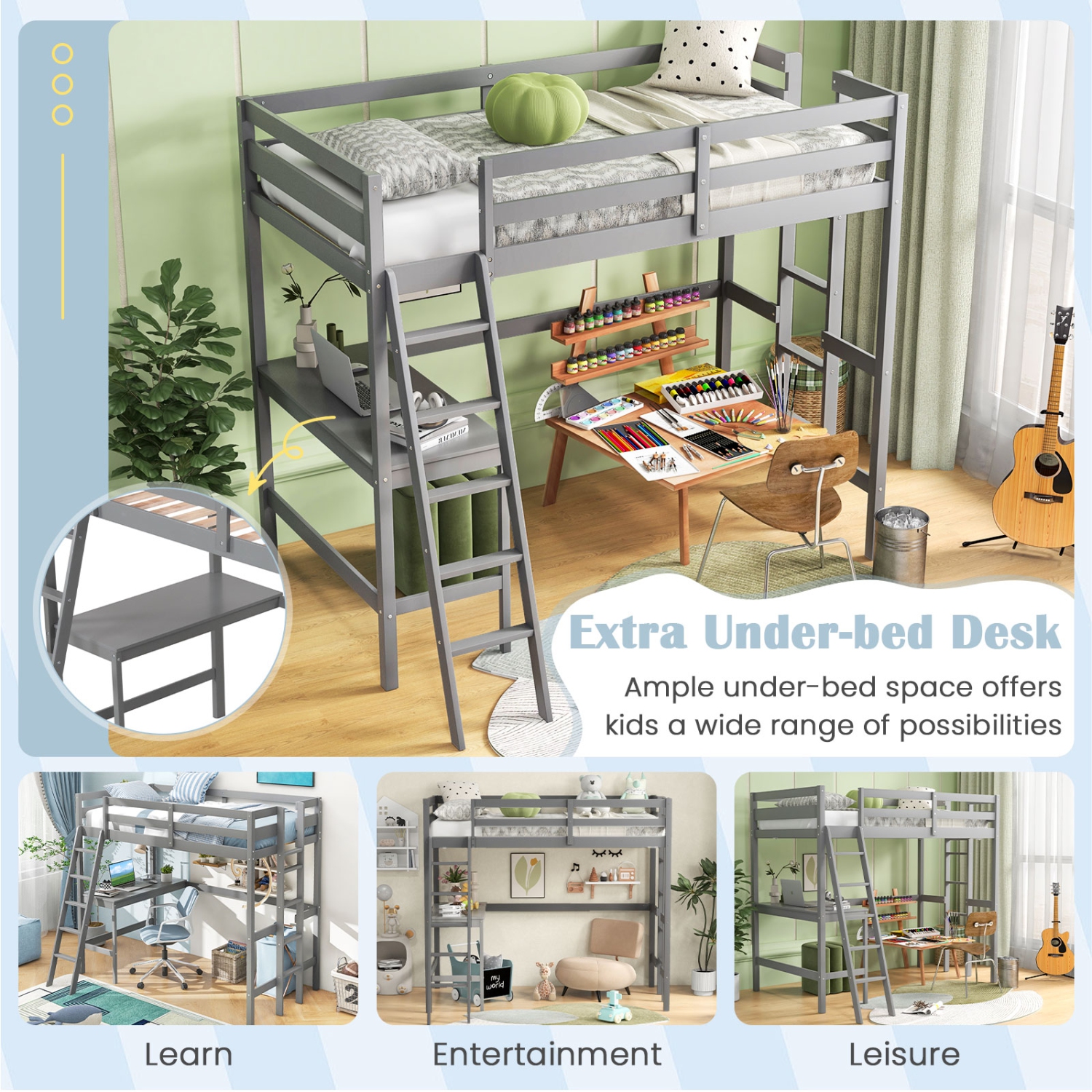 Costway Twin Loft Bed Frame w/Desk Angled and Built-in Ladder Solid Wooden Frame White\Grey\Expresso