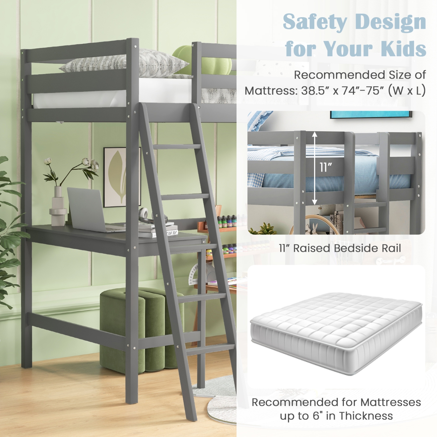 Costway Twin Loft Bed Frame w/Desk Angled and Built-in Ladder Solid Wooden Frame White\Grey\Expresso