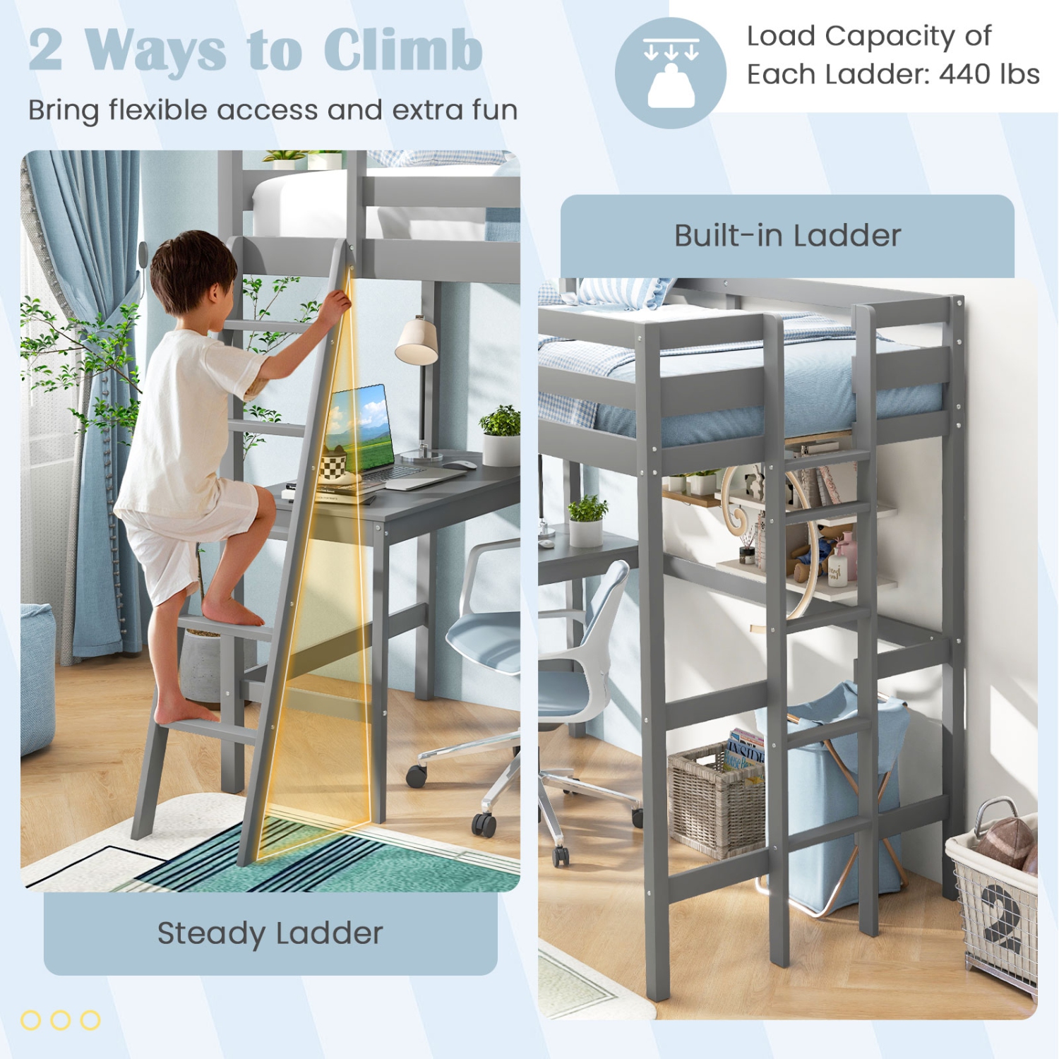 Costway Twin Loft Bed Frame w/Desk Angled and Built-in Ladder Solid Wooden Frame White\Grey\Expresso