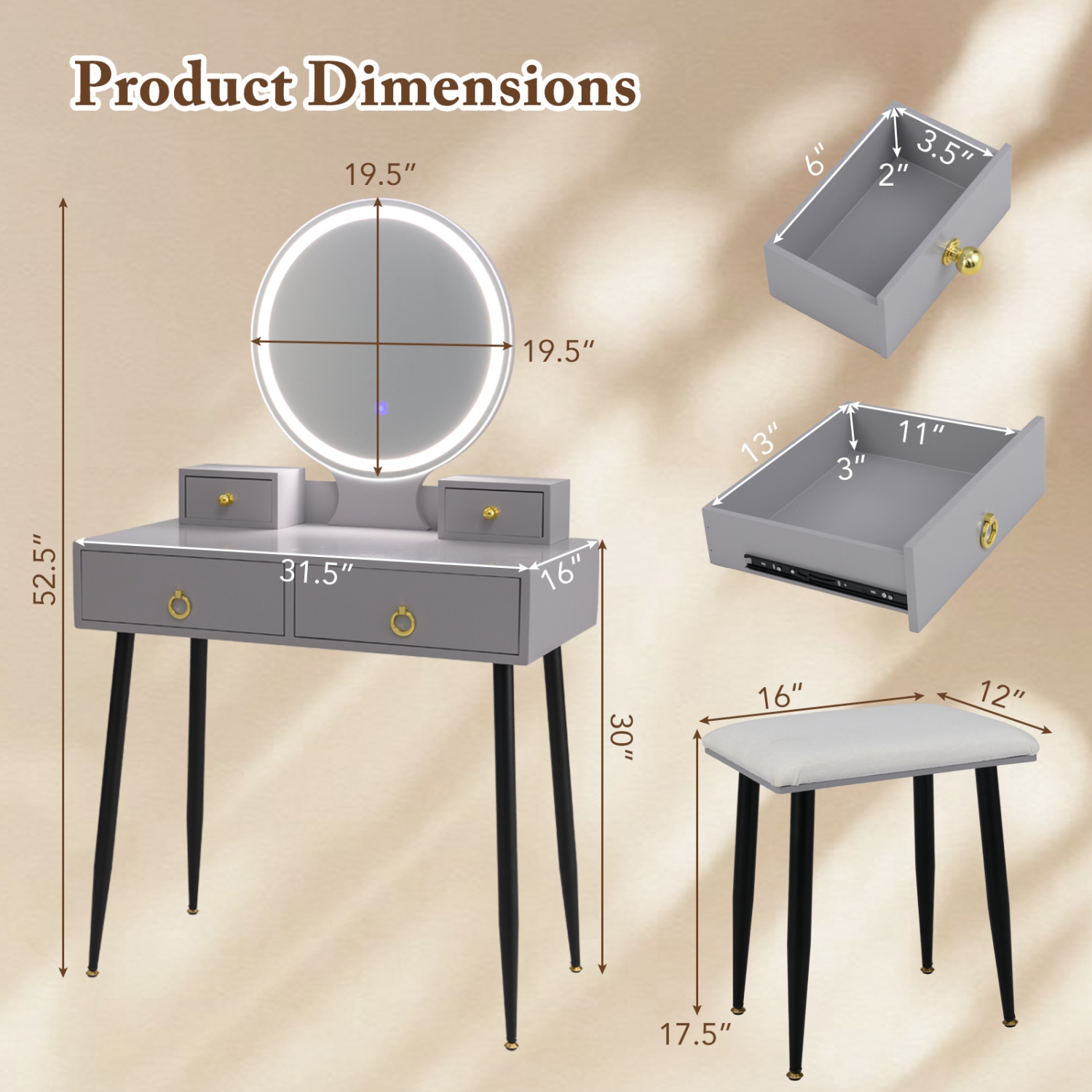Ensemble de tabourets de table à langer avec miroir à 3 couleurs et tiroirs de Costway pour coiffeuse
