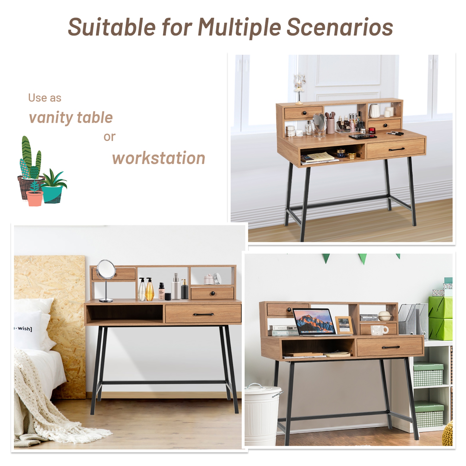 Coiffeuse de maquillage de Costway Table d'ordinateur Bureau d'écriture avec tablette à tiroir de style industriel