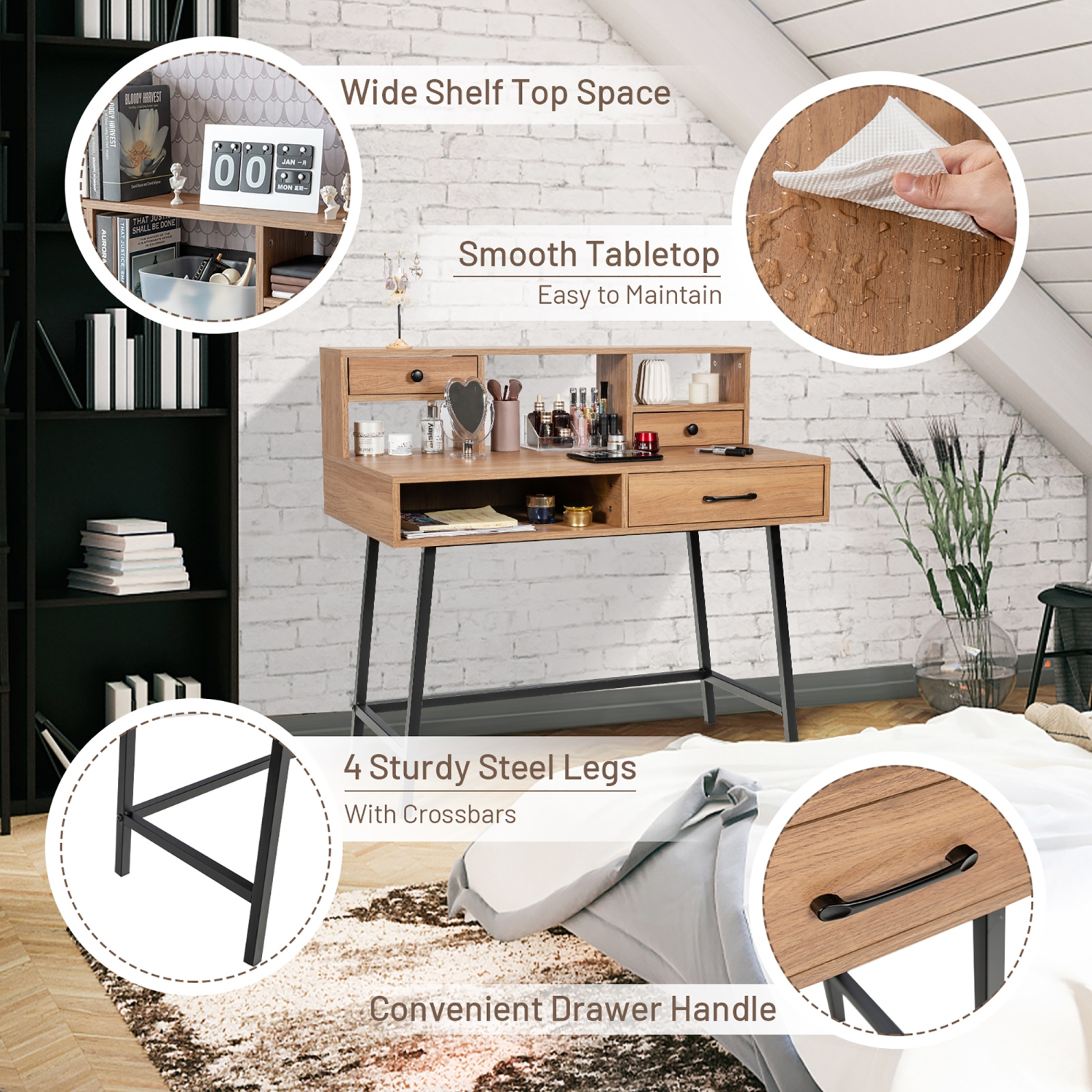 Coiffeuse de maquillage de Costway Table d'ordinateur Bureau d'écriture avec tablette à tiroir de style industriel