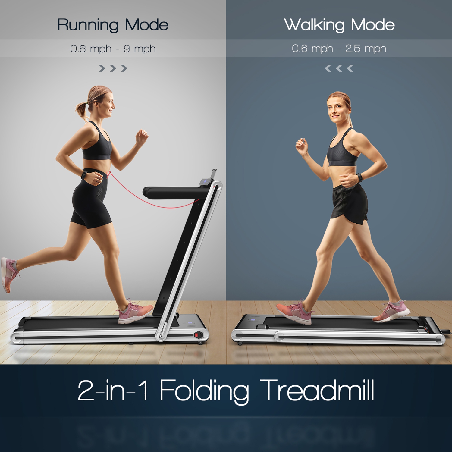 Tapis roulant de jogging repliable 2-en-1 2,25&nbsp;HP de Costway avec deux écrans DEL