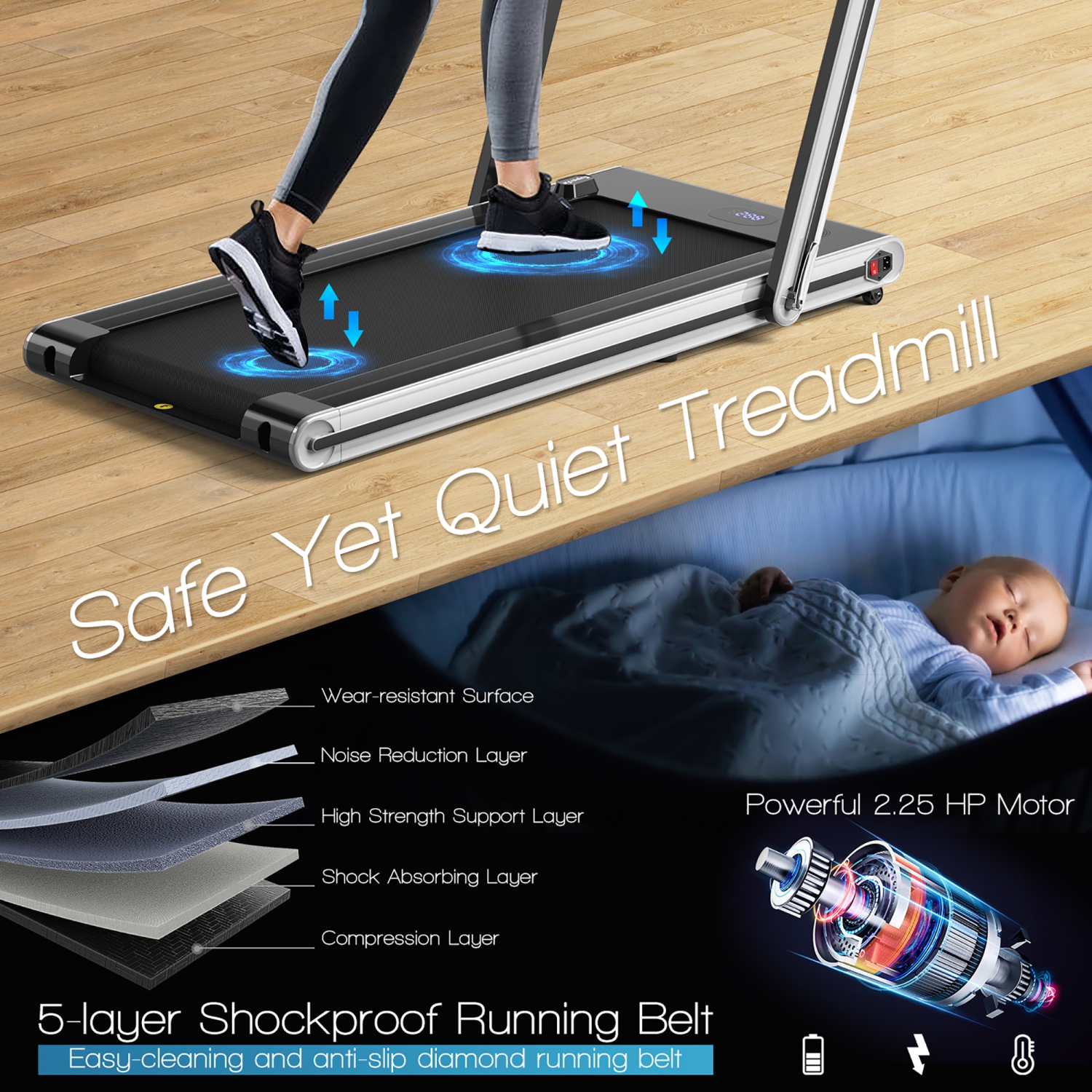 Tapis roulant de jogging repliable 2-en-1 2,25&nbsp;HP de Costway avec deux écrans DEL