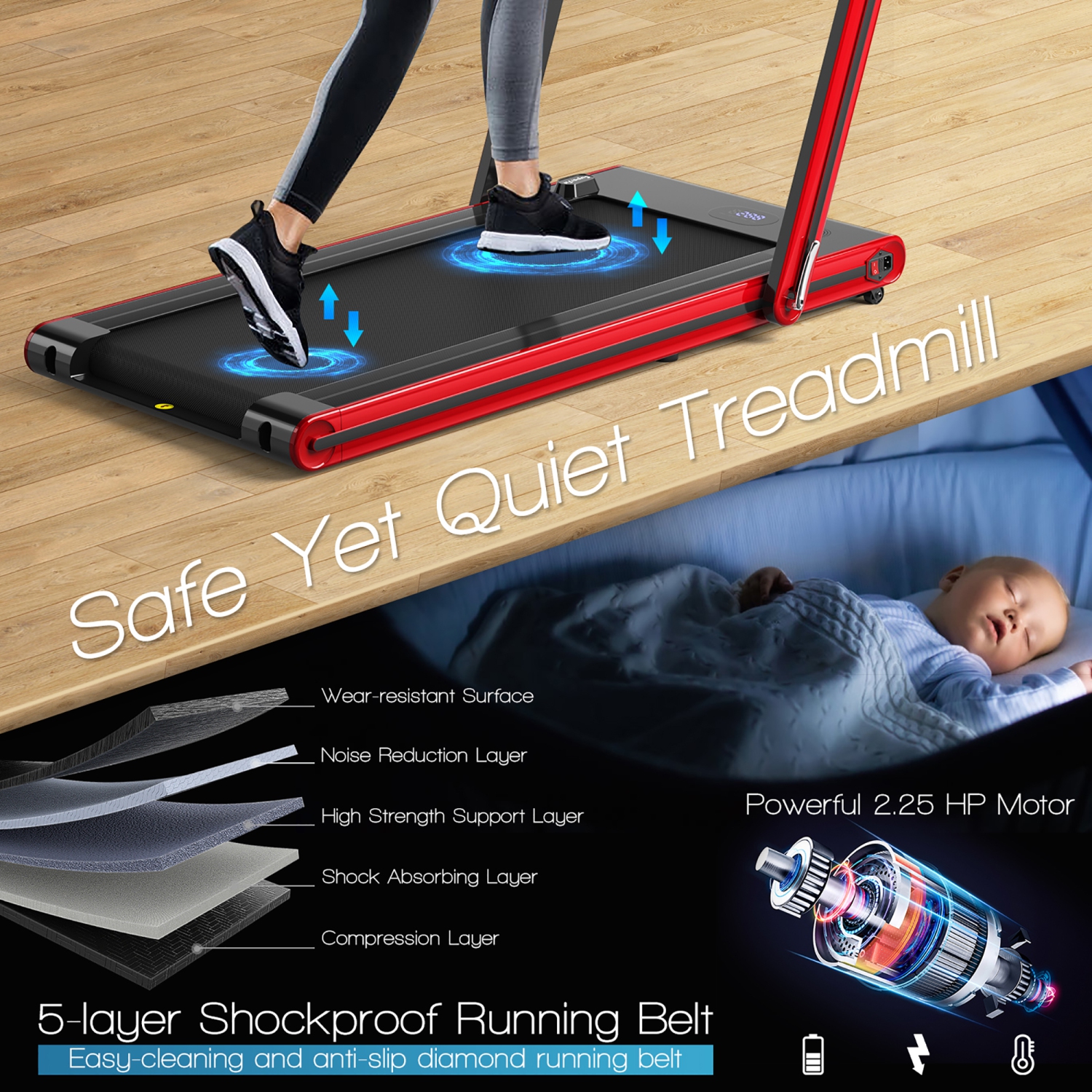 Tapis roulant de jogging repliable 2-en-1 2,25&nbsp;HP de Costway avec deux écrans DEL