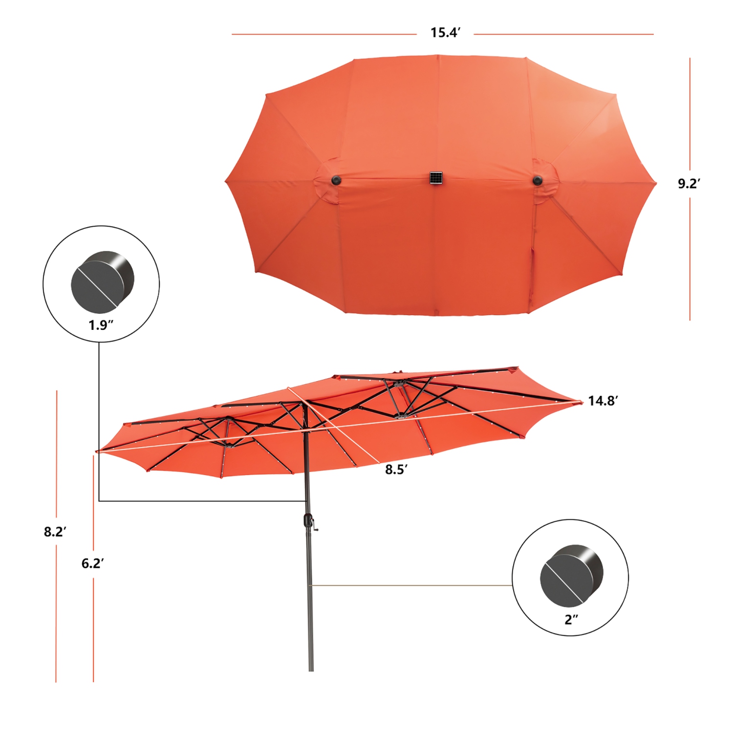 Parapluie de patio double face de 15 pi à 48 lampes solaires LED avec manivelle d'extérieur de Costway
