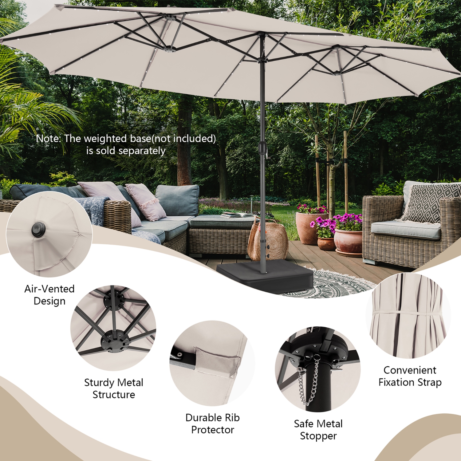 Costway 15FT Twin Patio Double-Sided Umbrella 48 Solar LED Lights Crank Outdoor