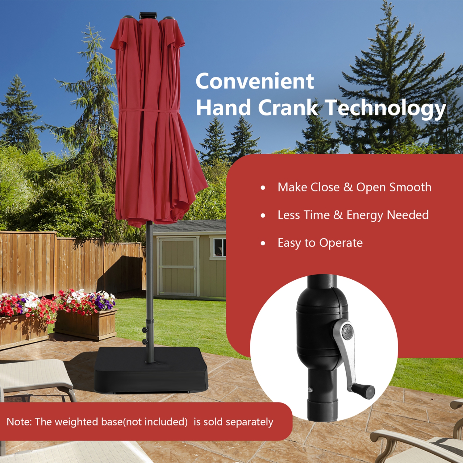 Parapluie de patio double face de 15 pi à 48 lampes solaires LED avec manivelle d'extérieur de Costway